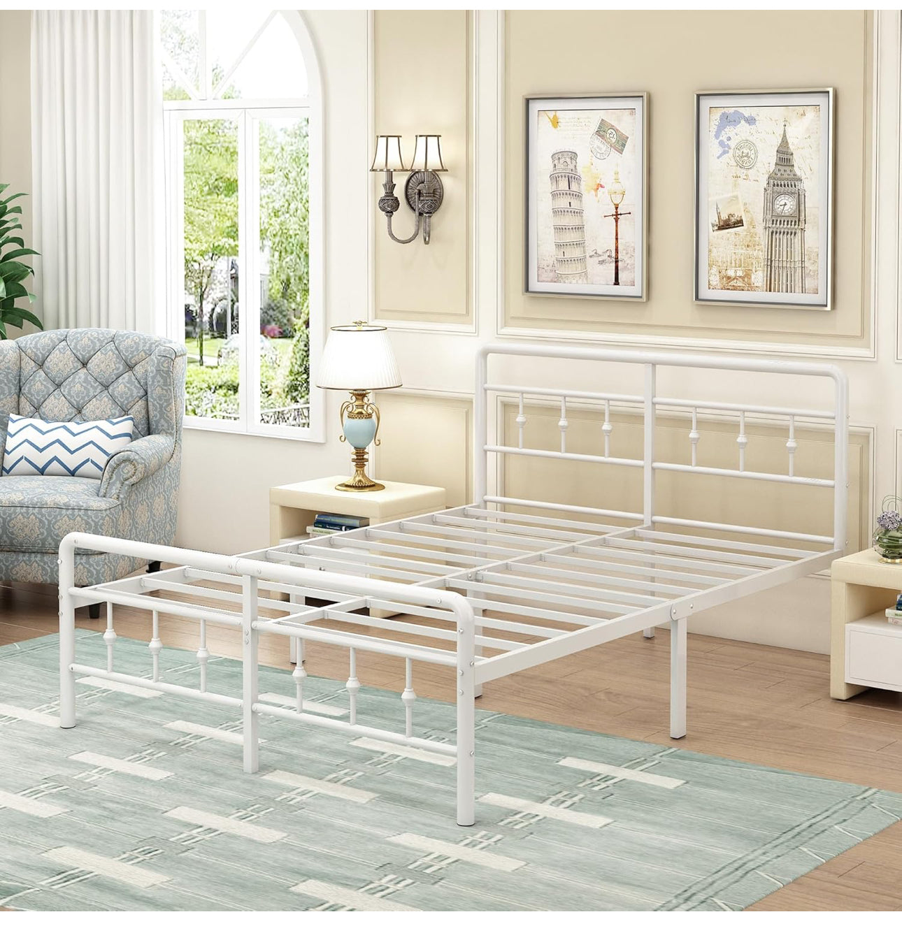 Small Double Bed Frame 4ft, White with Victorain Headboard and Footboard