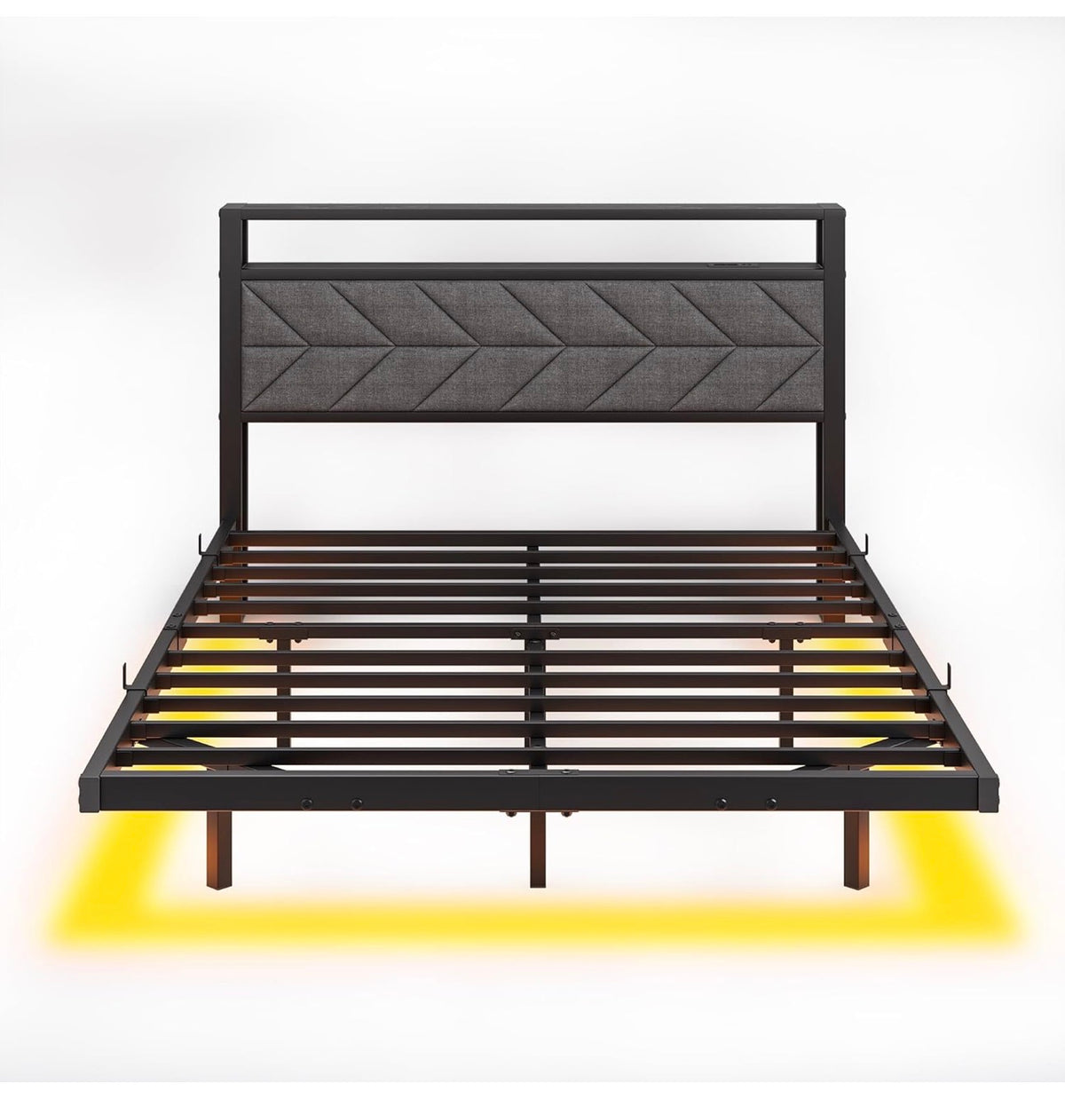 4ft6 Upholstered Floating Double Bed Frame Black, Storage Headboard
Metal Bed Frame with LED Lights and Charging Station, Heavy Duty Metal Slat Support, Noise Free, No Box Spring Needed