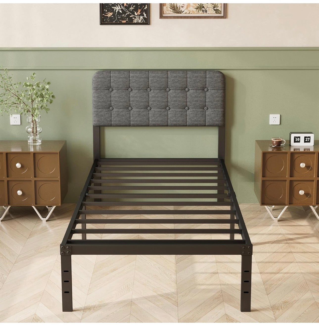 3ft Single Bed Frame with Upholstered Headboard and Footboard, 36cm High Metal Bed Frame Single 90x 190cm