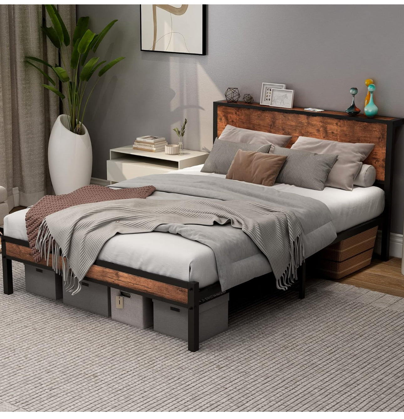 Double Bed Frame with Wooden Storage Shelf Headboa