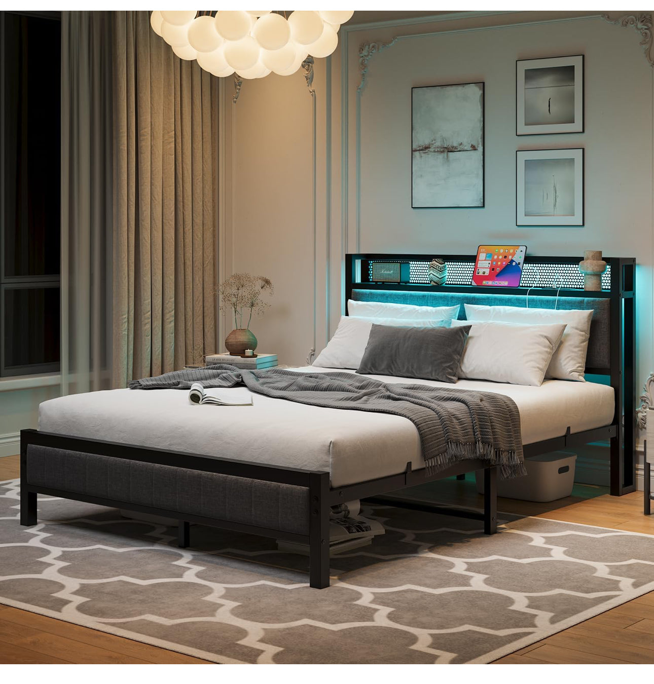 King Size Bed Frame with Upholstered Headboard, Wooden Storage Headboard Shelf, 5ft Upholstered Bed Frame Kingsize with Charging Station/USB Ports and LED Lights