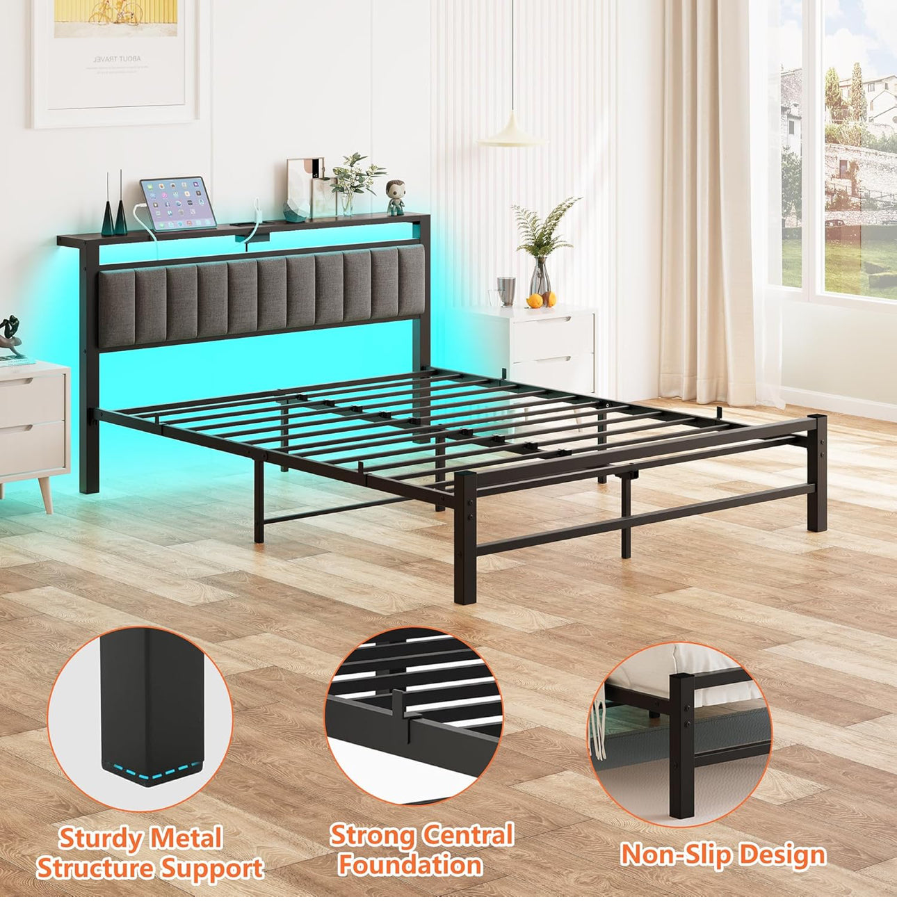 King Size Bed Frame with Storage Headboard, 5ft Upholstered Bed Frame Kingsize with Charging Station and LED Lights