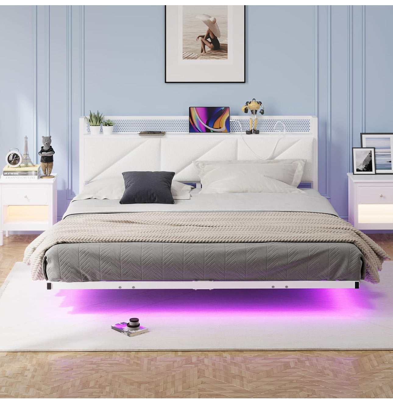 Floating King Bed Frame with LED Lights & USB Charging