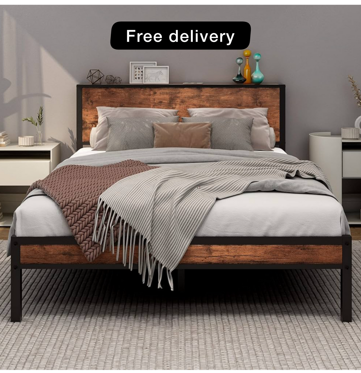 Bed Frame with Wooden Storage Shelf Headboard, Metal Platform Bed Frame Double