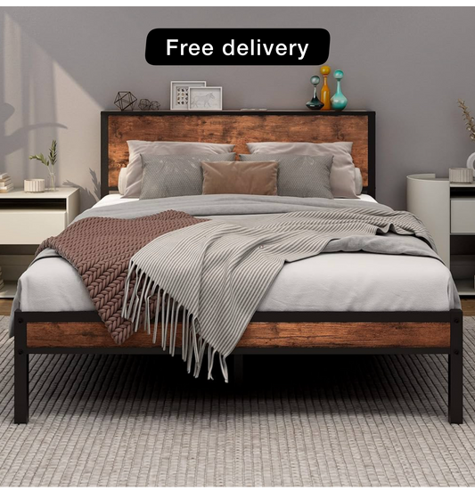 Bed Frame with Wooden Storage Shelf Headboard, Metal Platform Bed Frame Double