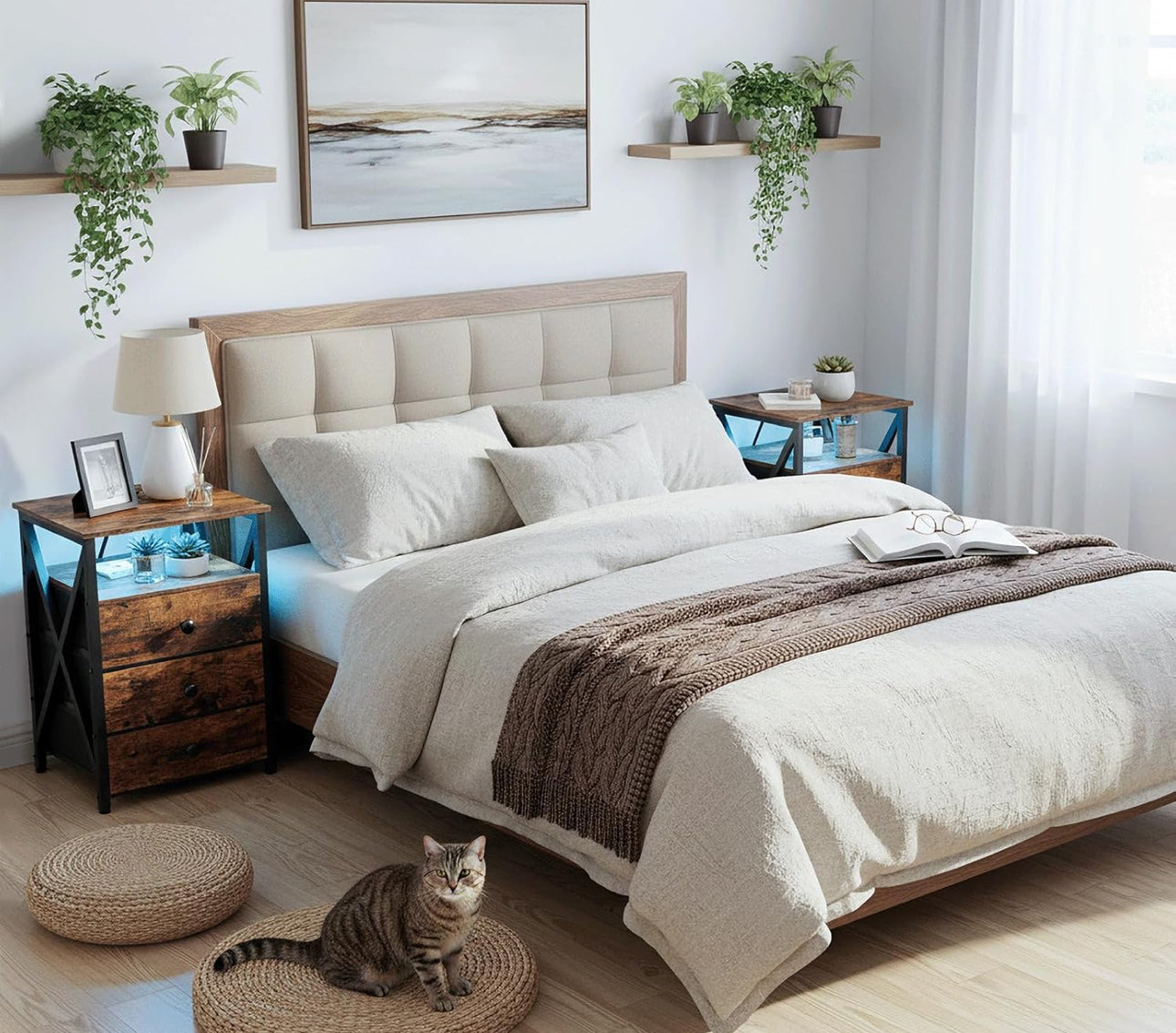 Bedside Table Set of 2 with Charging Station, Side Table with Led Lights