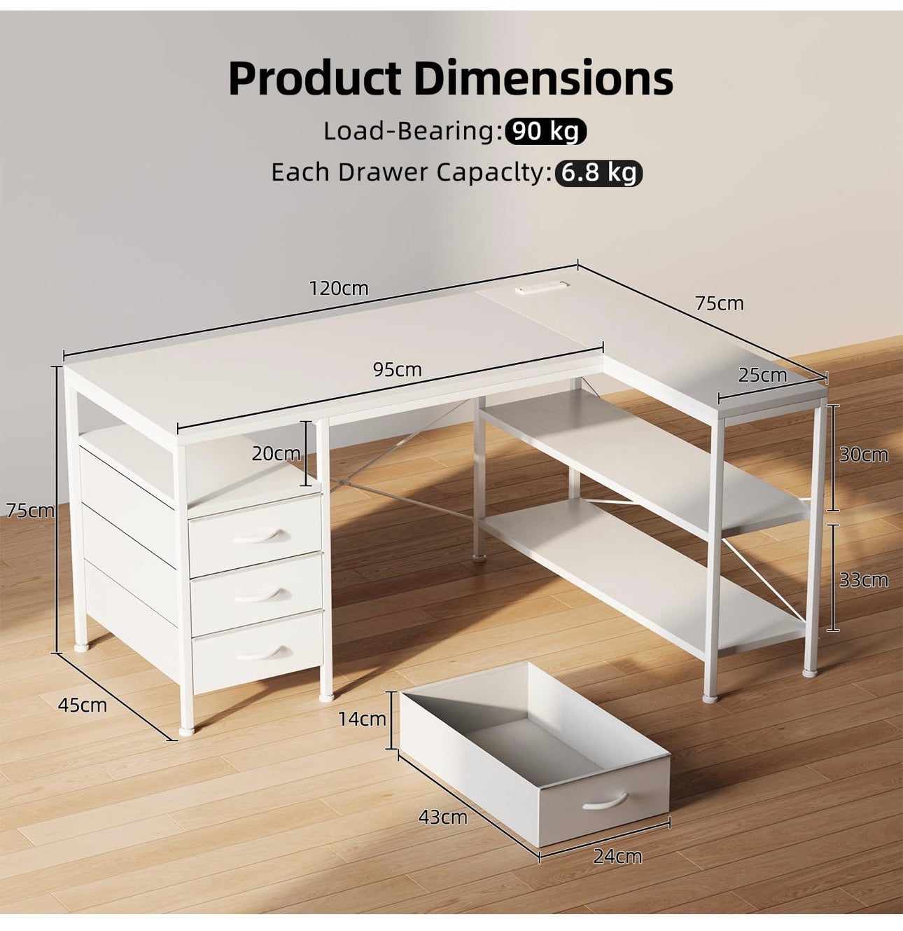 120cm Corner Desk with Drawers, Reversible L shaped Computer Desk with Power Outlet, Home Office Desk with USB Charging Port, White