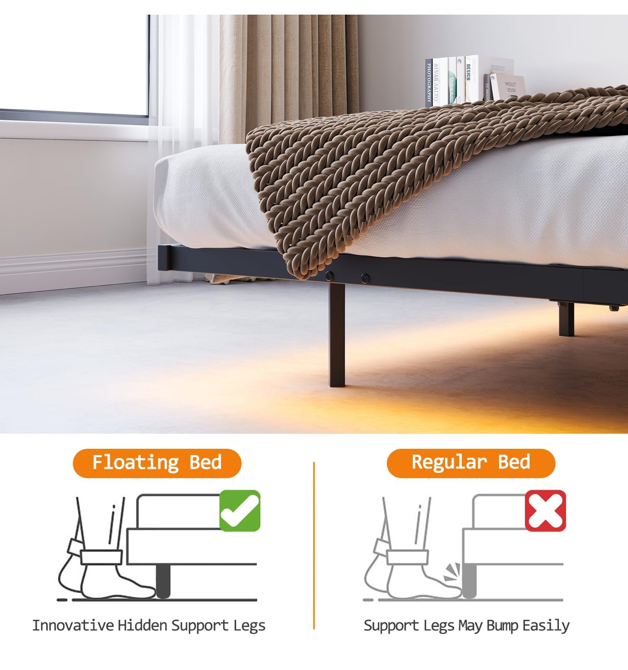 4ft6 Double Floating Bed Frame with LED Lights & USB Charging Station