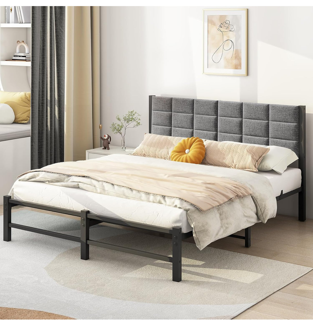 5ft King Size Bed Frame with Headboard,Upholstered Platform Bed Frame King Size