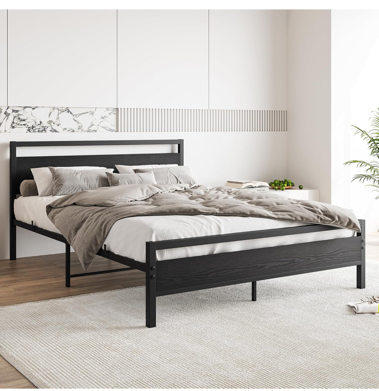 King Size Bed Frame with Wood Headboard,Heavy Duty Metal Platform
