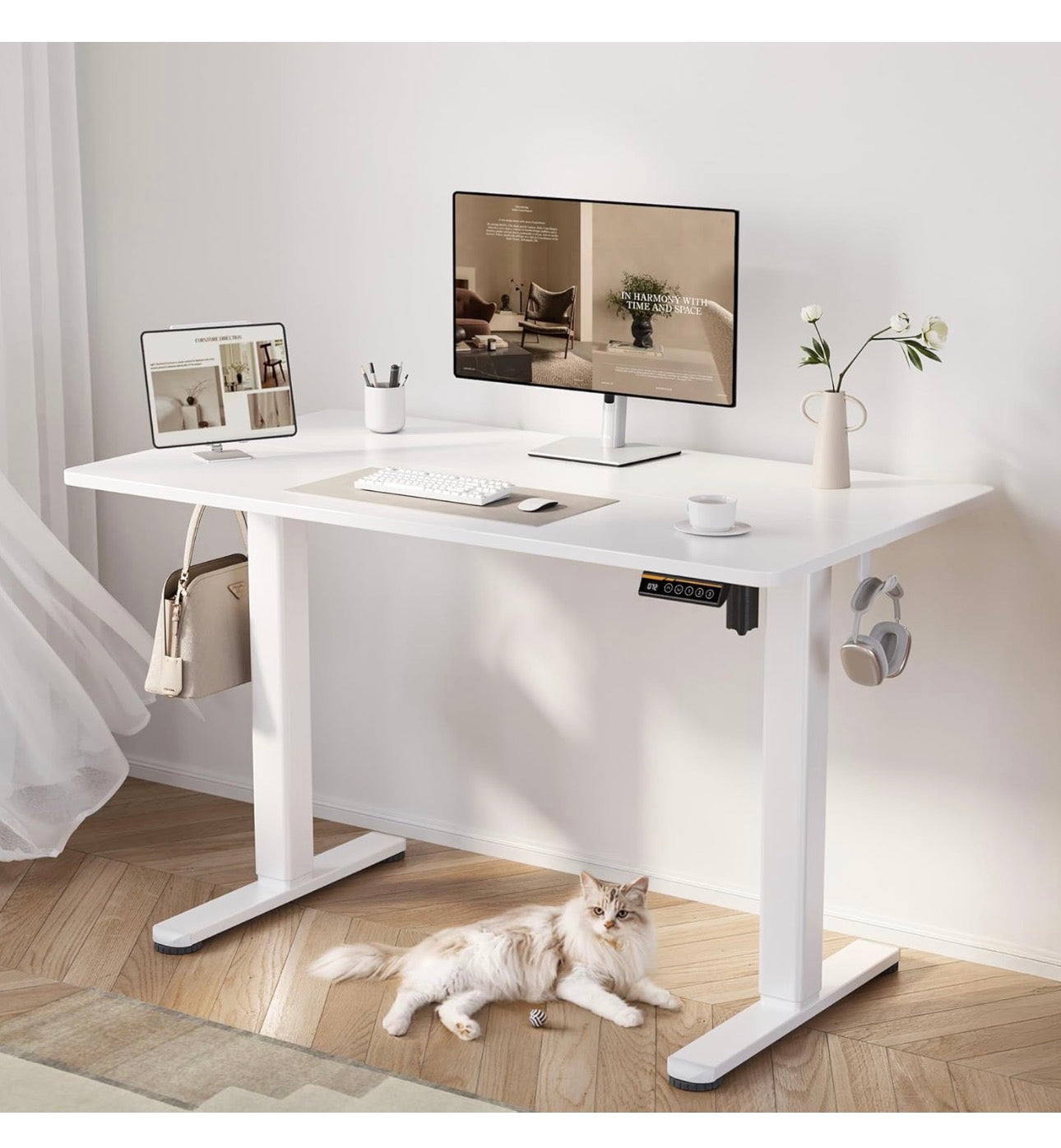 Electric Standing Desk 120 x 60cm, Height Adjustable Sit Stand Desk with 3 Memory Presets, Home Office Desk with Anti-Collision System, Quiet Motor, 2 Hooks, White