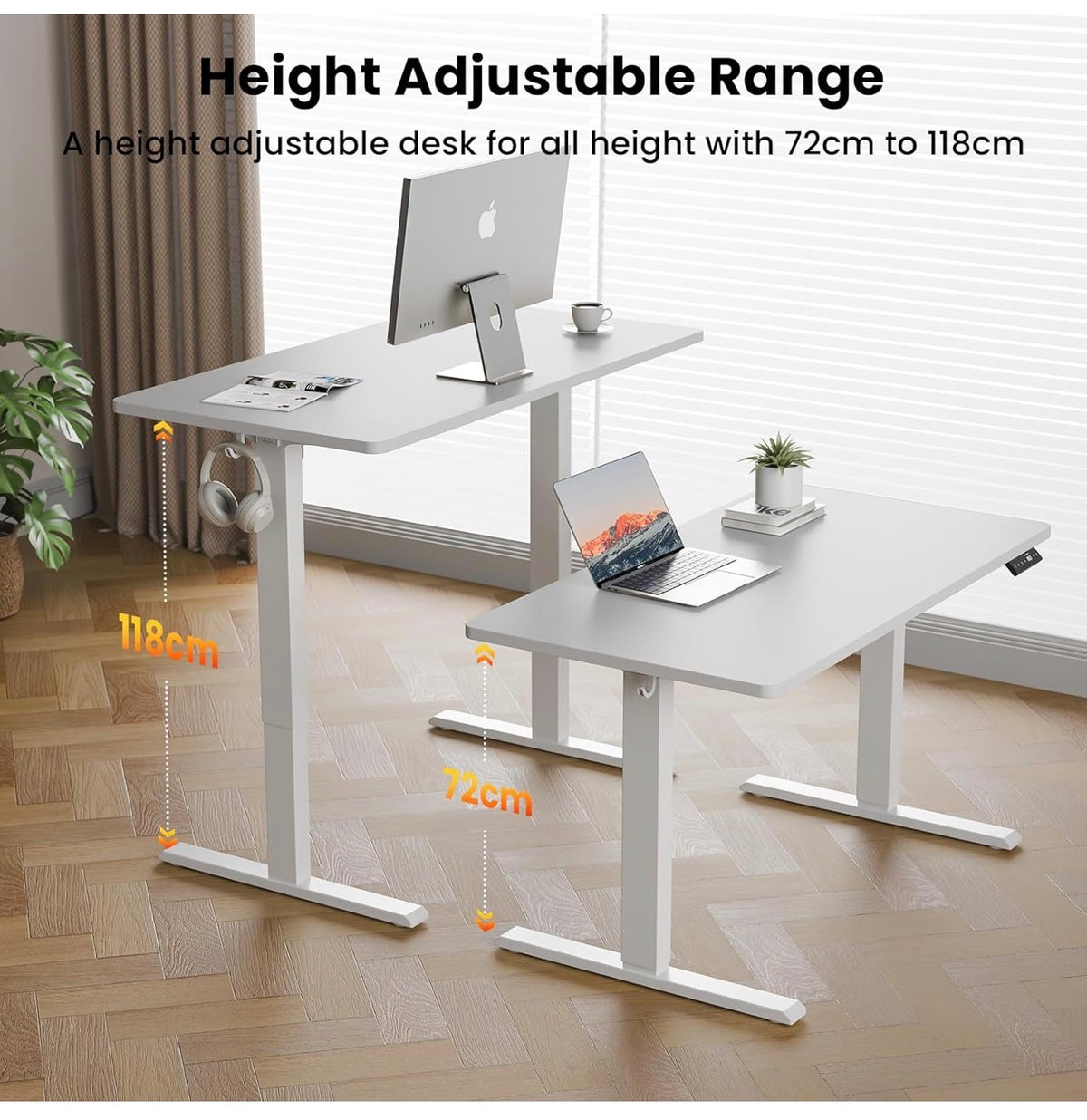 Electric Standing Desk, 120 x 60 cm, White
Height Adjustable Desk, 2 Hooks, 4 Memory Heights, 72-118cm, Splice Board, Ergonomic Sit Stand Computer Desk for Home Office