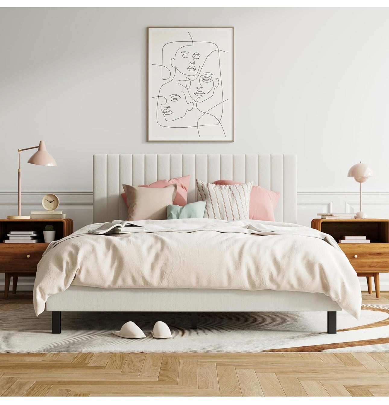 4ft6 Double Bed Frame, Upholstered Platform Bed with Adjustable Velvet Headboard, Sturdy Wooden Slats, Silent Design, No Spring Mattress Required, Easy Assembly （Beige,Double）