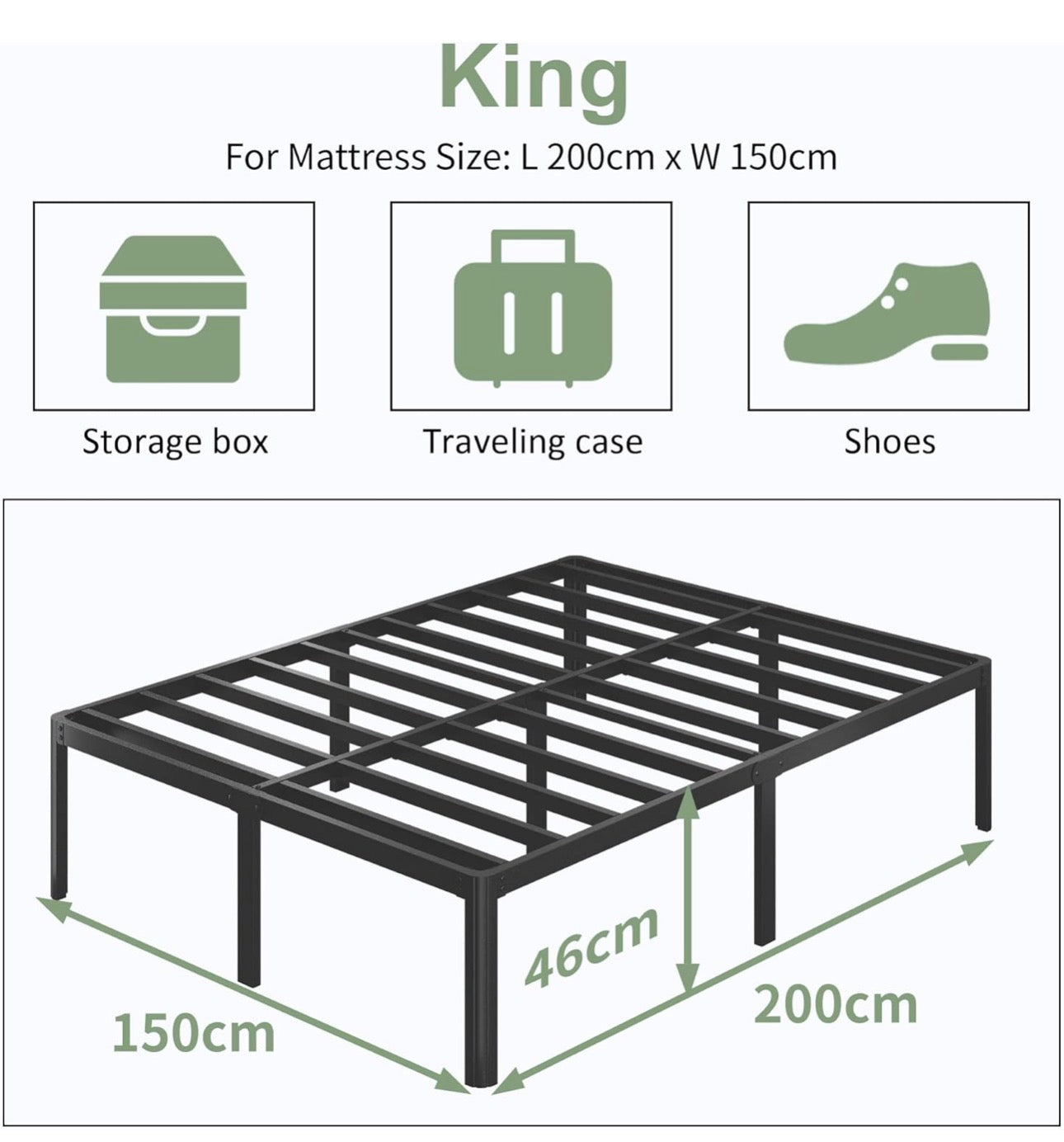 King Size Bed Frame 5ft With Rounded Corner Legs, Heavy Duty Metal, 46 cm High, Noise Free, Easy Assembly