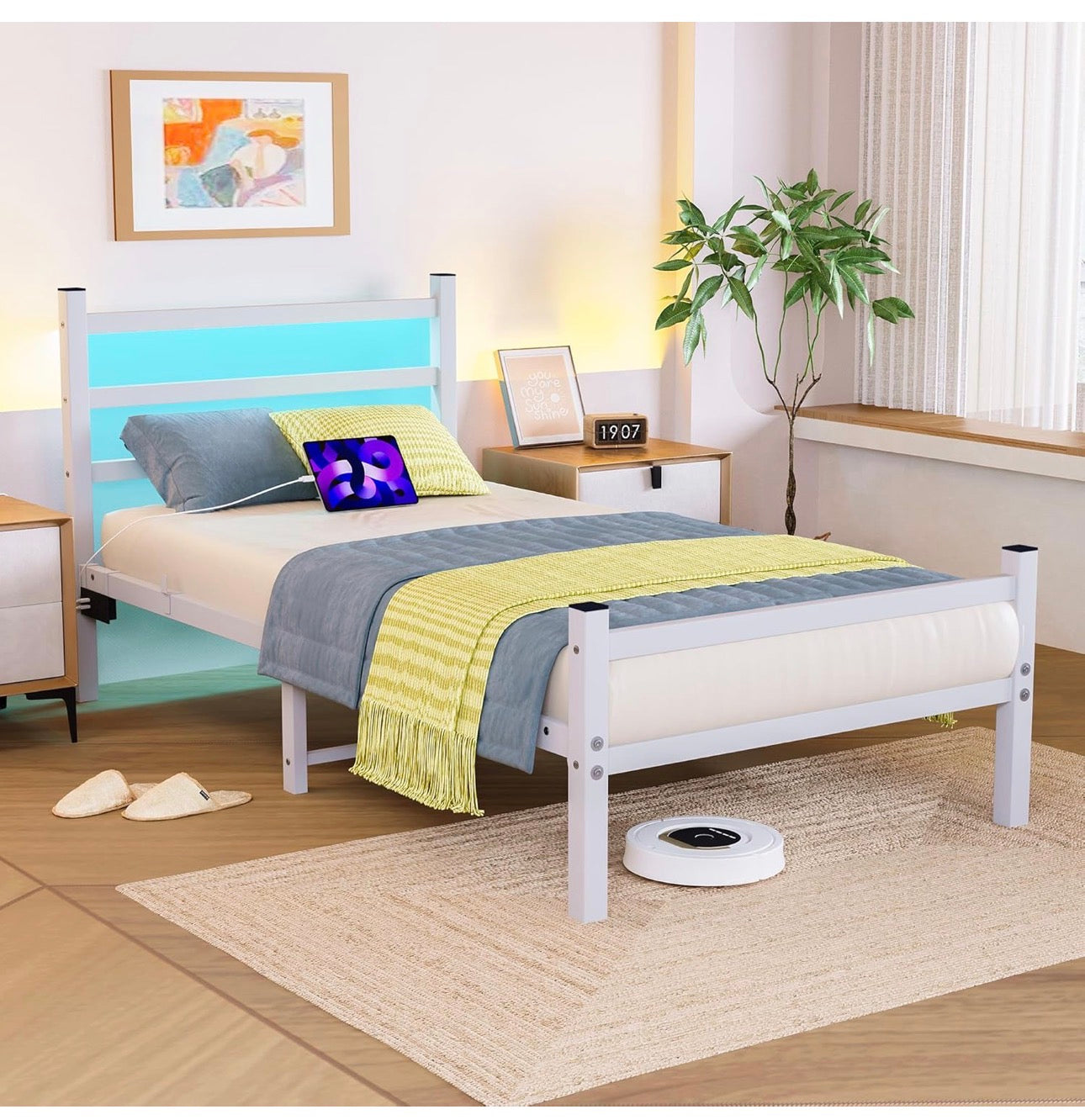 Single Bed Frame with Headboard&LED Lights,Heavy Duty Metal Platform Bed Frame Single with Charging Station,3ft Bed Base with Strong Slats Support,UnderBed Storage,Easy Assembly,White
