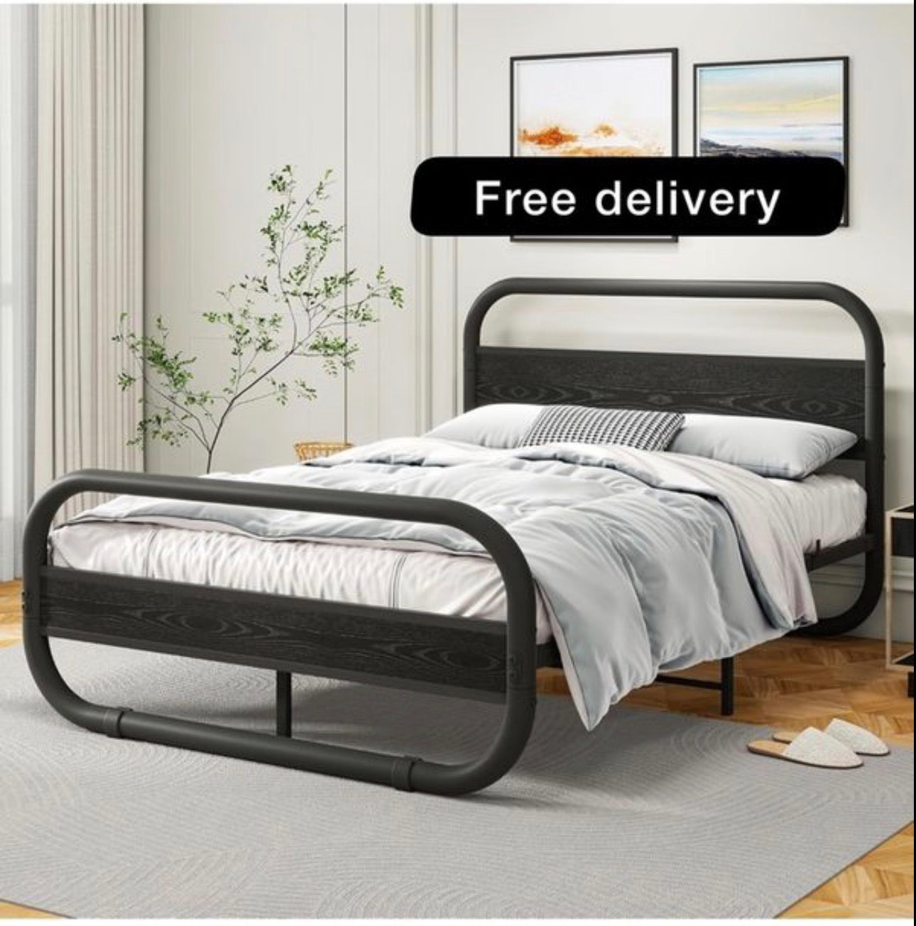 King Size Bed Frame with Headboard,150x200 Oval-Shaped