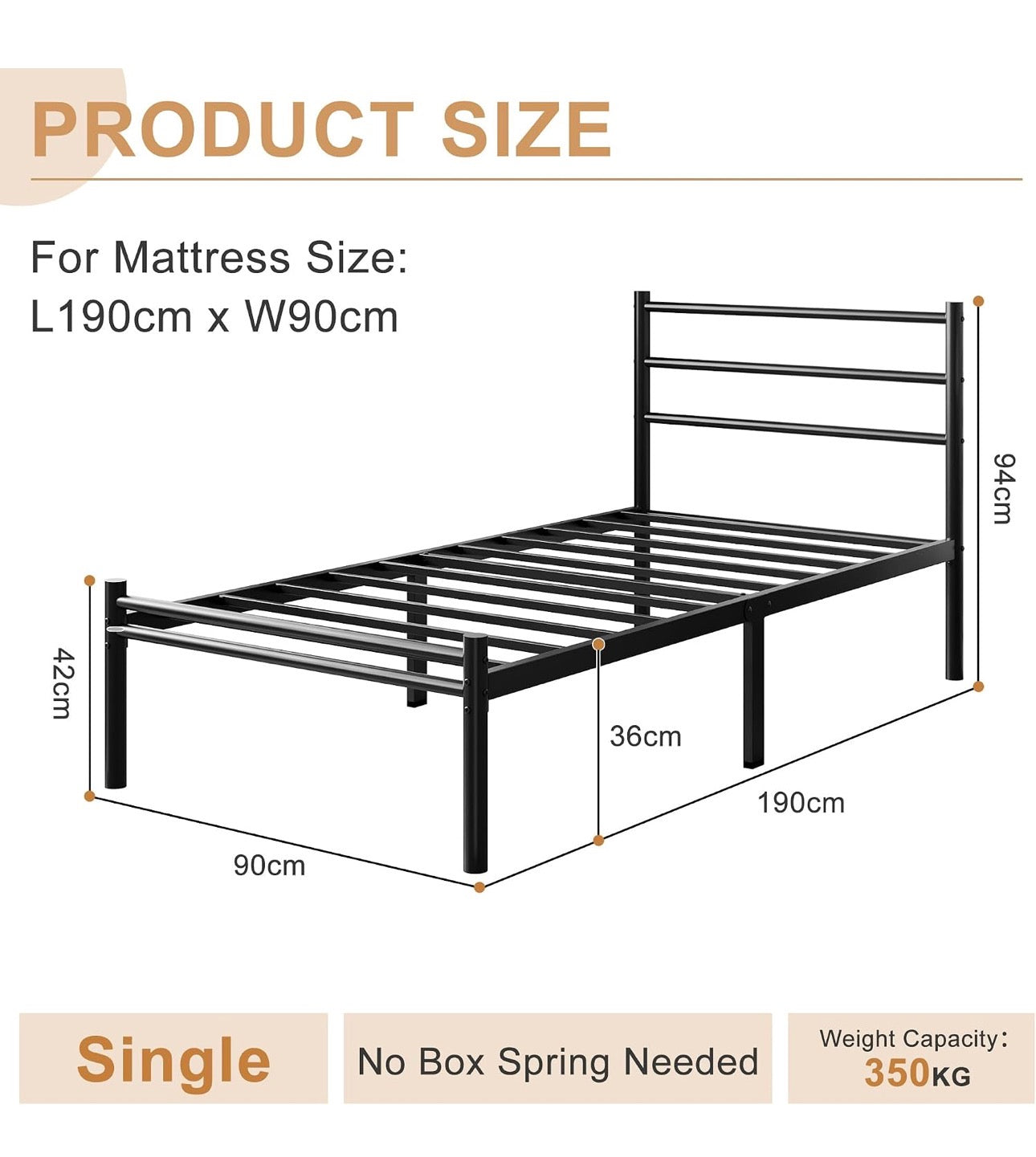 Single Bed Frame with Headboard and Footboard
3ft Metal Platform Bed Frame, 36 cm High, Modern Style, Under Bed Storage, Noise Free, Easy Assembly, Black