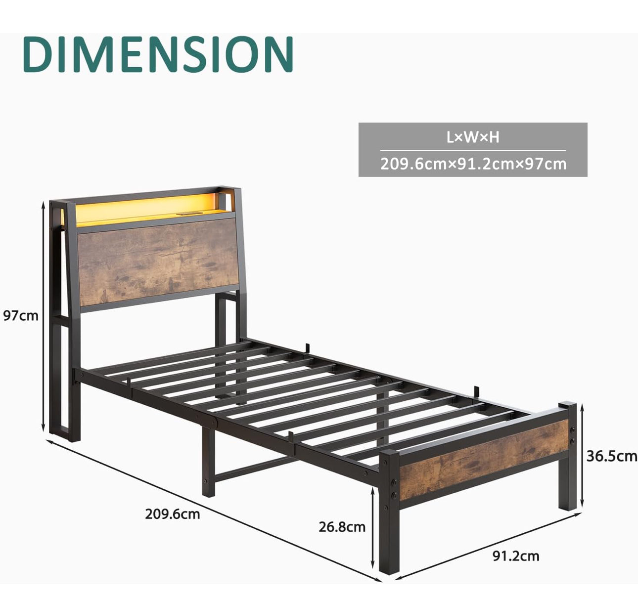 3ft Single Bed Frame with Charging Station and LED