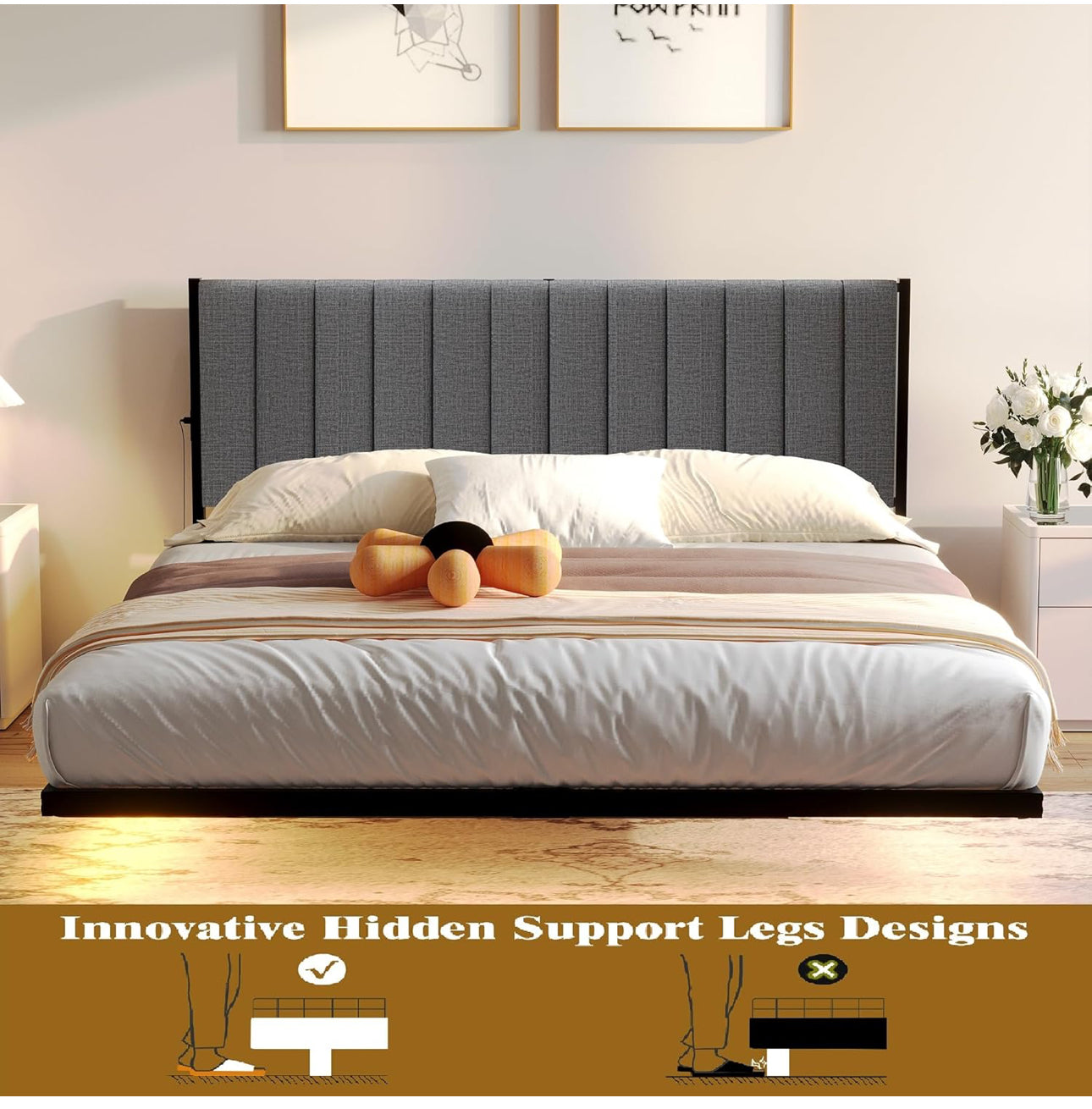 Double Bed Frame with Upholstered Headboard