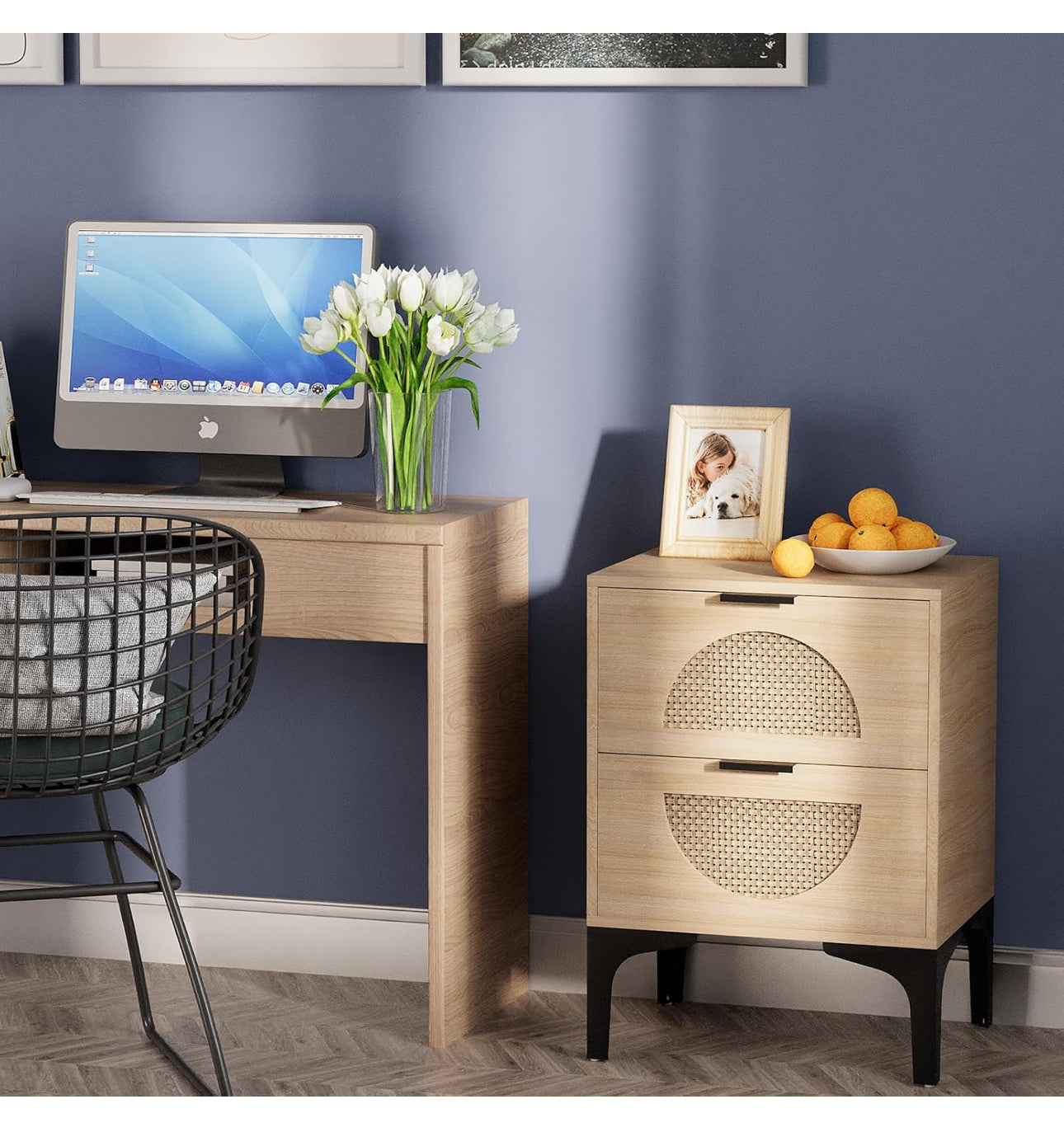 Set of 2 Bedside Table Boho Wood Nightstand