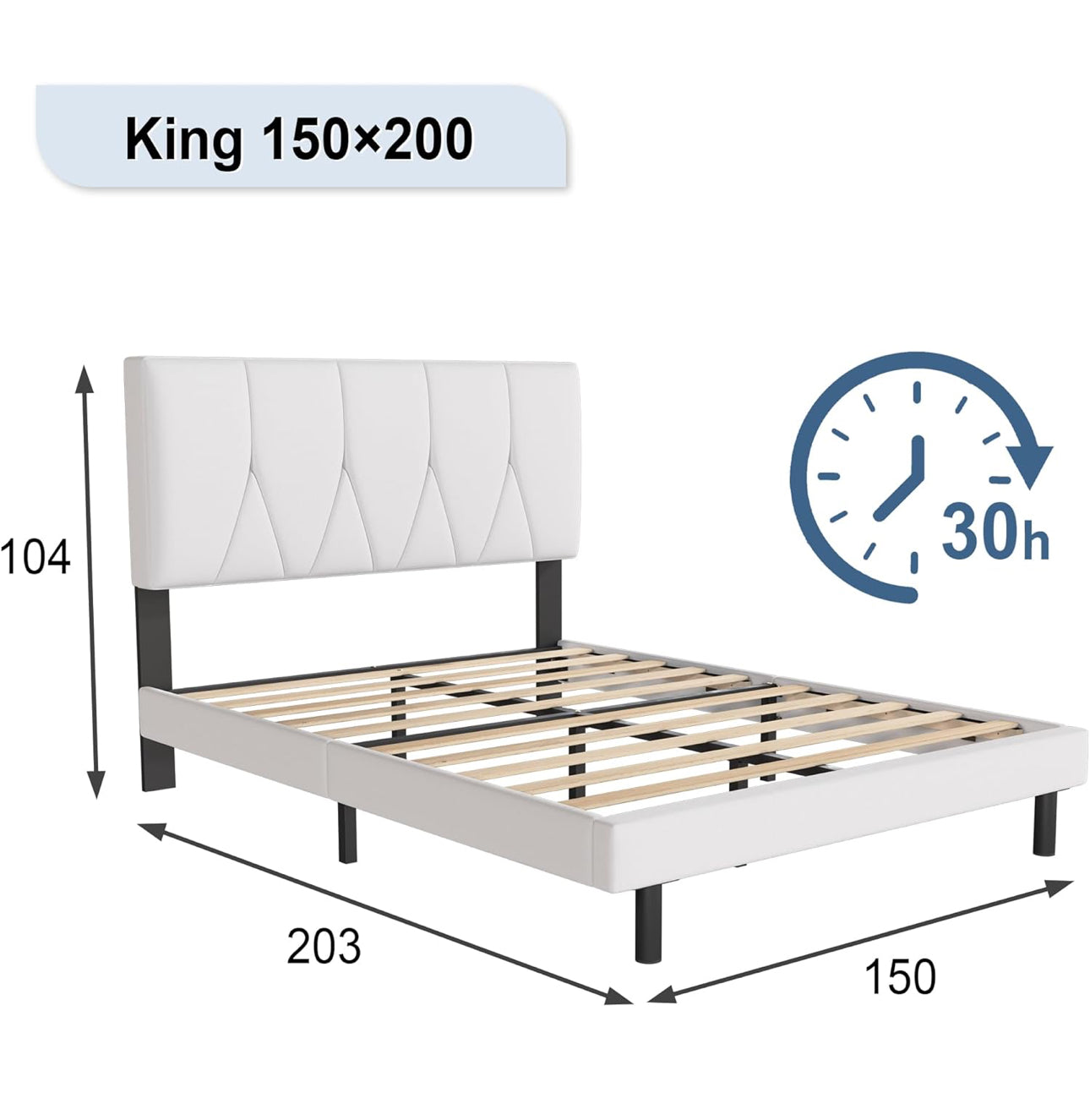 King Bed Frame, White, Upholstered Wooden Slat