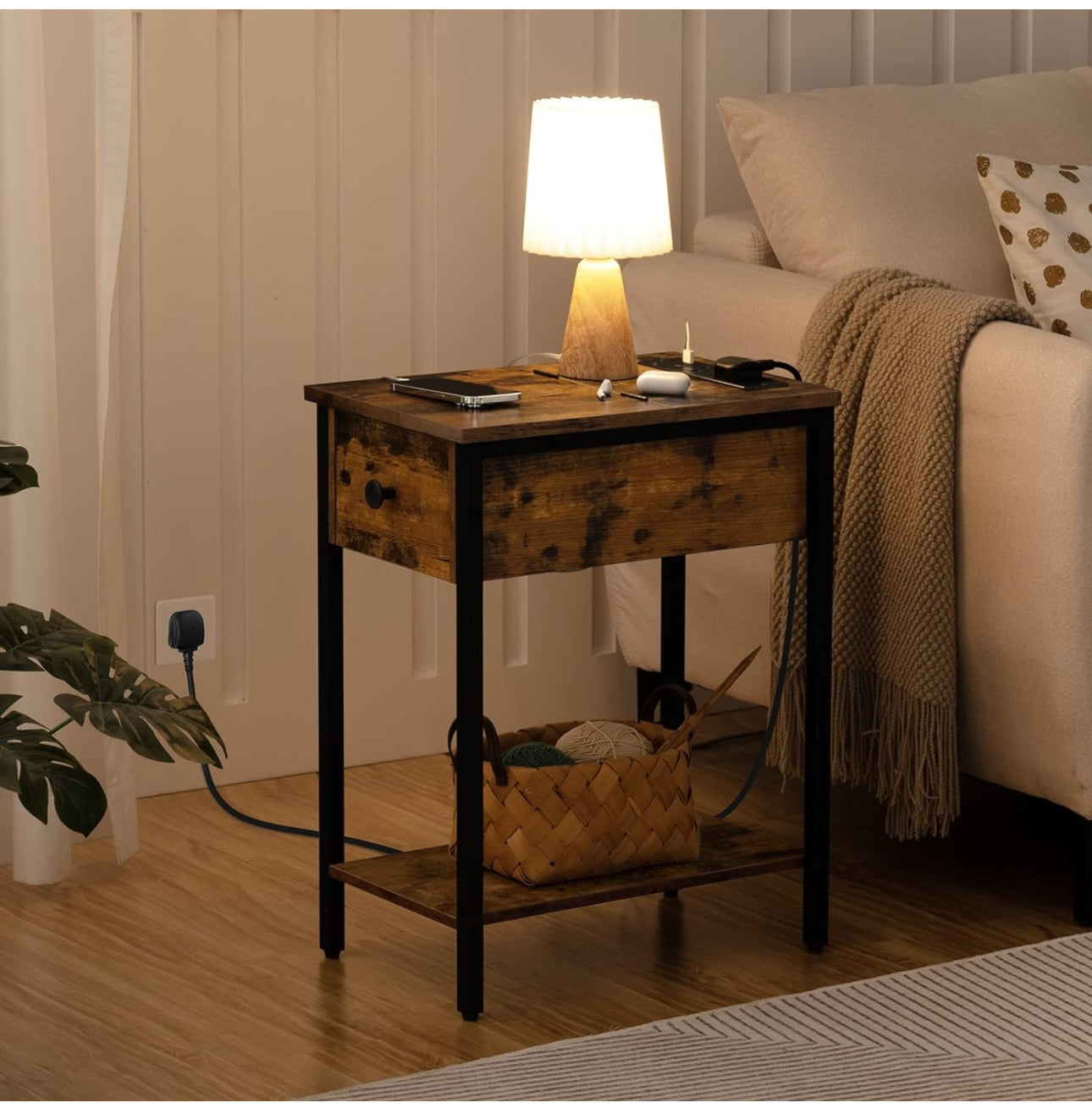 Narrow Side Table, Slim Bedside Table with Charging Station