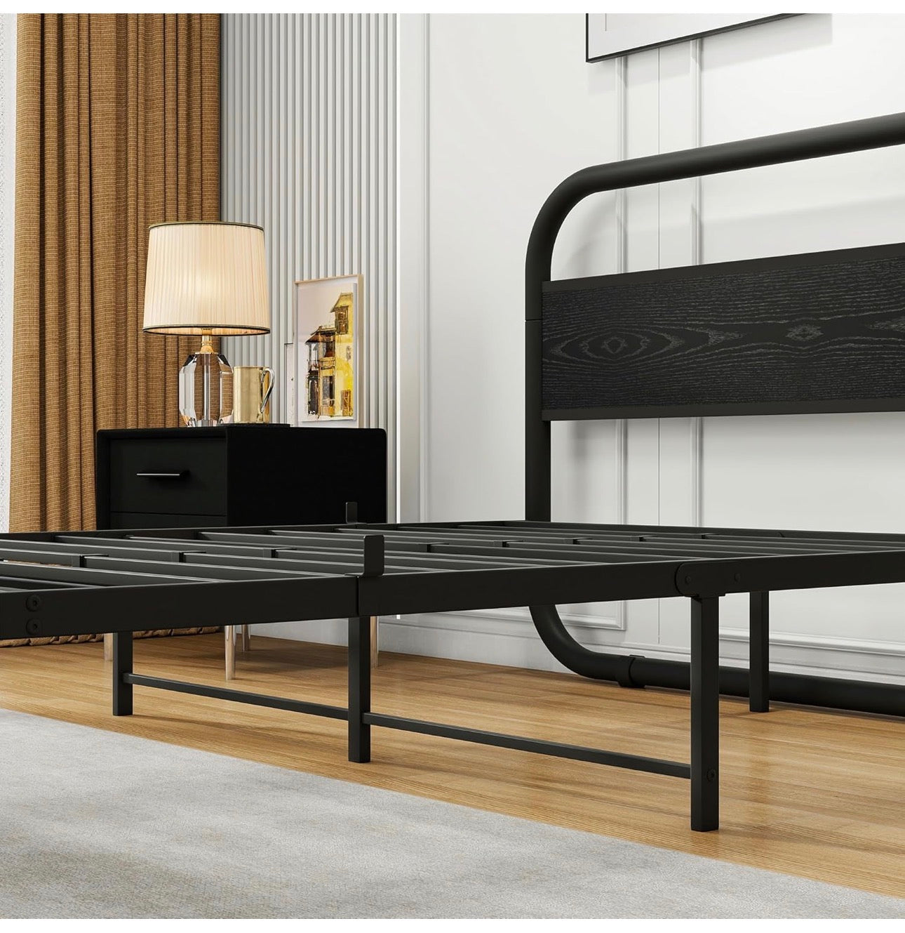 Double Size Bed Frame with Headboard,135x190 cm,Black | Oval-Shaped Platform Bed with Under-Bed Storage,Steel Slats Mattress Foundation Round Pipe Design,Enhanced Support Noise Free