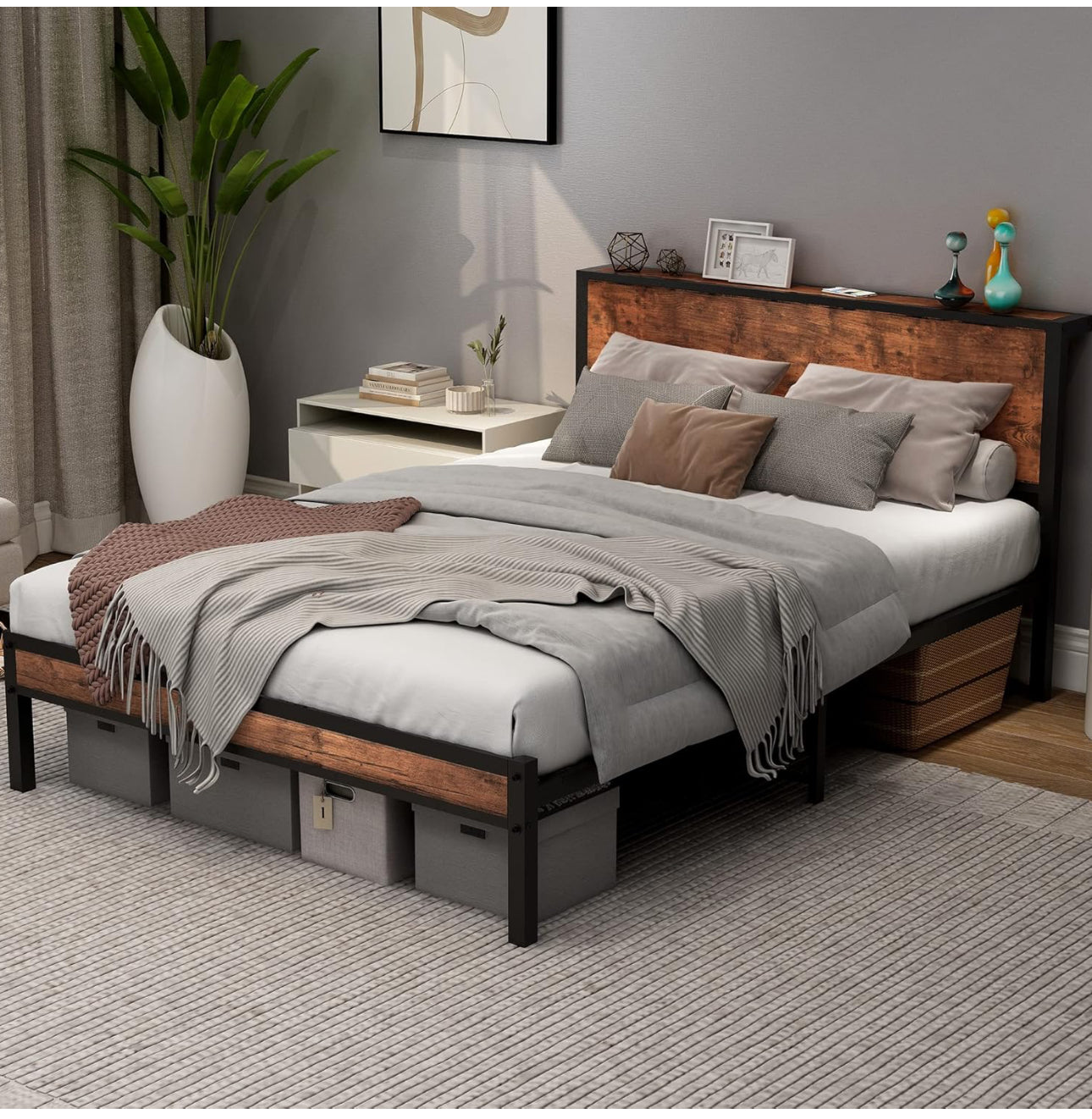 Double Bed Frame with Wooden Storage Shelf Headboard