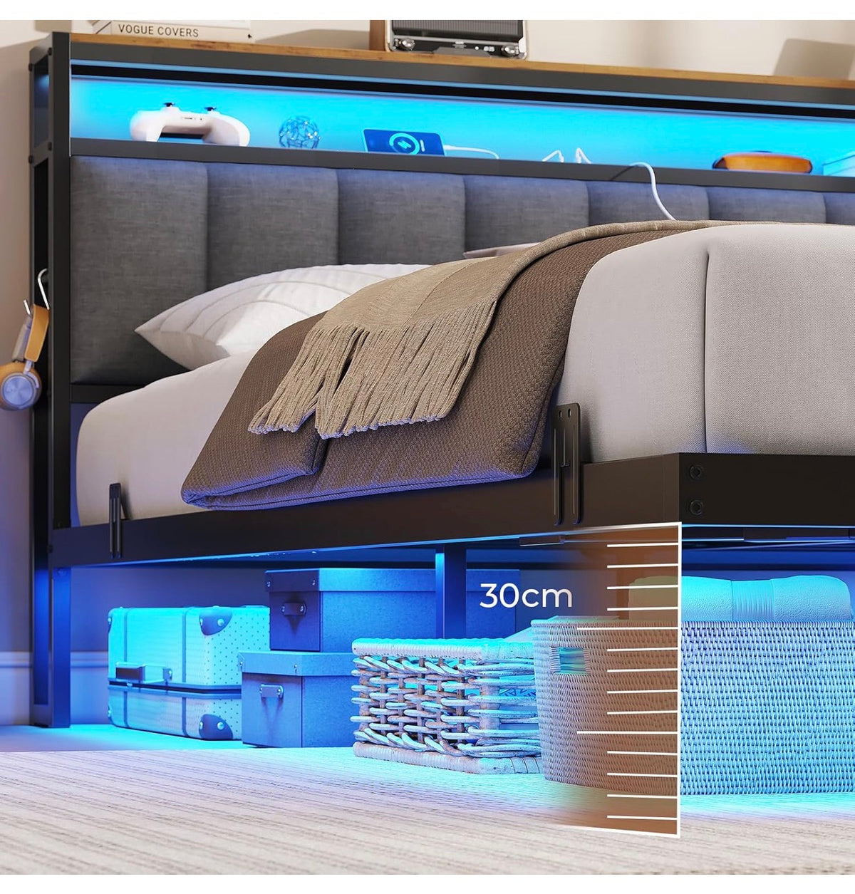Double Bed Frame 135x190 cm with Floating Visual Effect, 4ft6 Metal Bed Frame with Adjustable LED Lighting and Charging Station, Double Bed with Headboard, Dark Grey (Mattress Not Included)