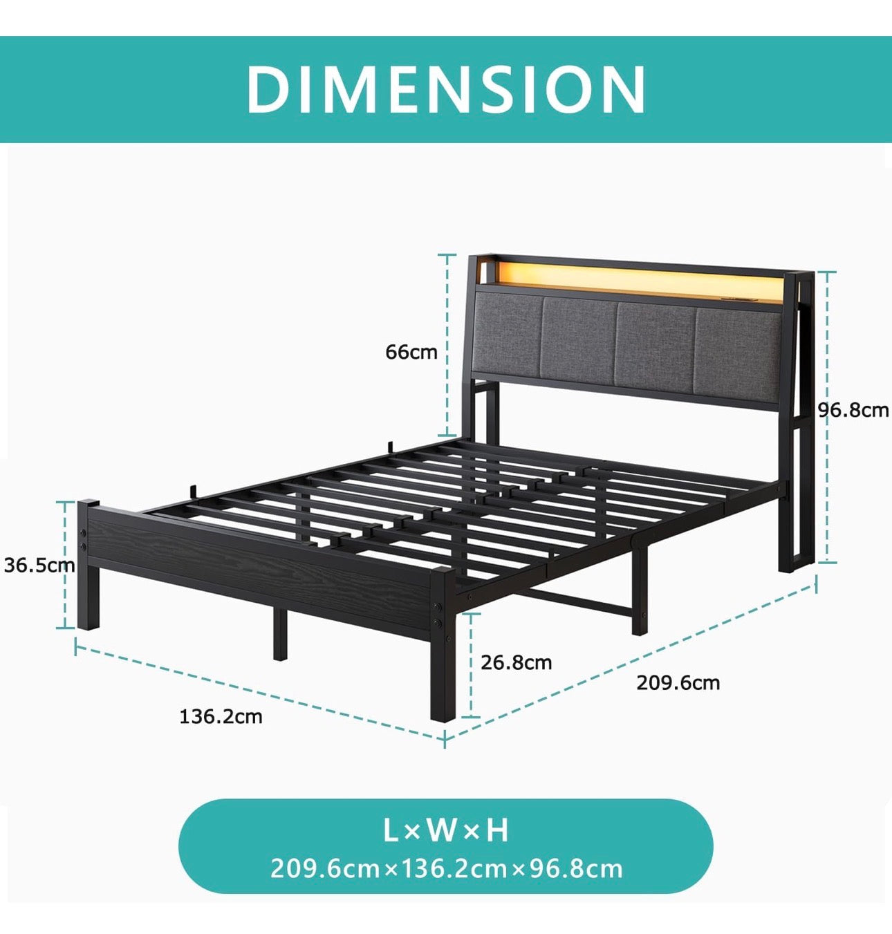 Bed Frame, 4FT6 Bed Frame Ergonomics Double with Charging Station and LED Lights, Heavy Duty Platform Full Bed with Fabric Storage Sloped Headboard, No Box Spring Needed, (Black)