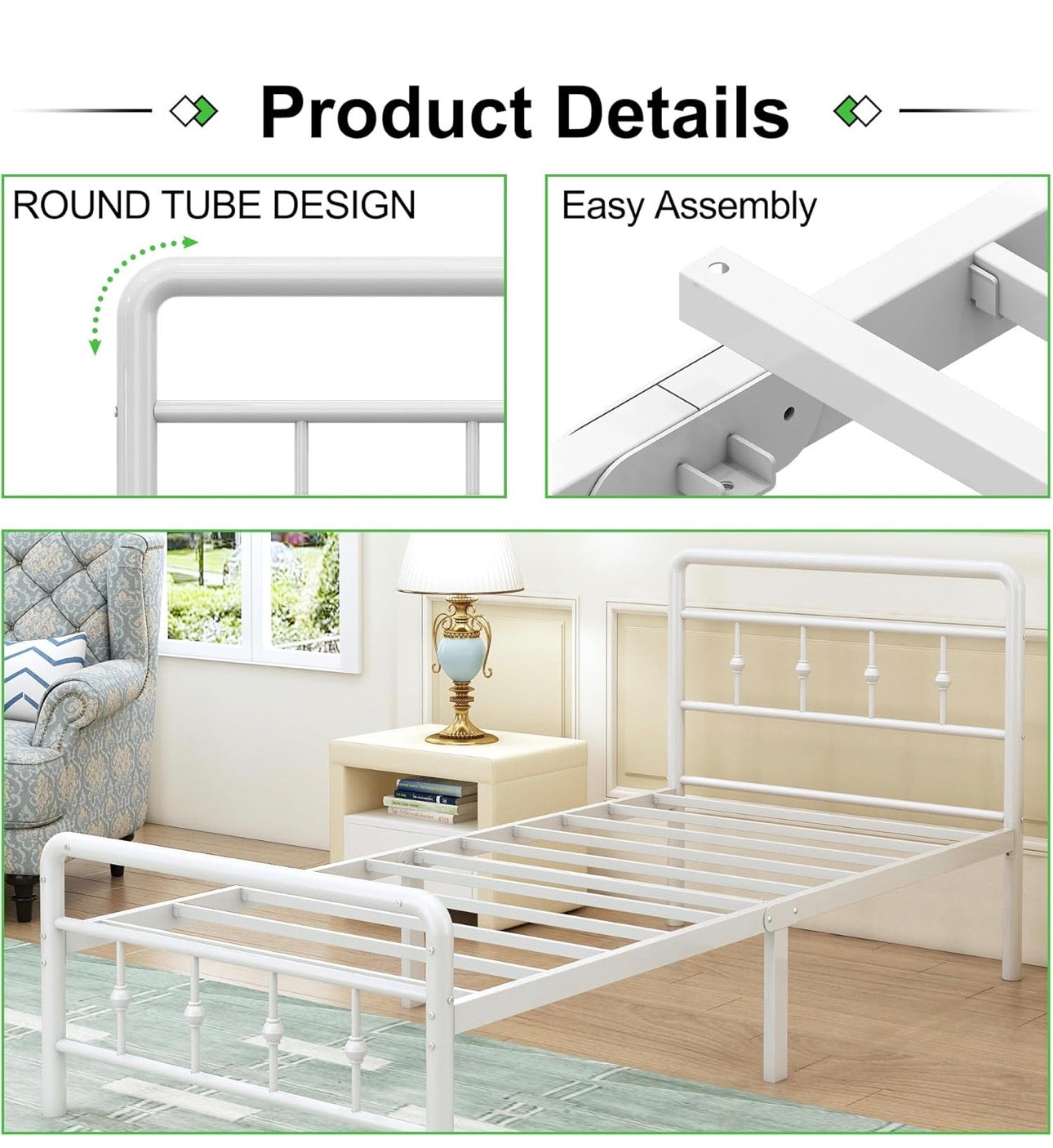 3ft Single Bed Frame with Victorian Headboard and Footboard, Single Metal Bed Frame Heavy Duty Strong Slats, Ample Storage Space, Noise Free, Easy Assembly, White