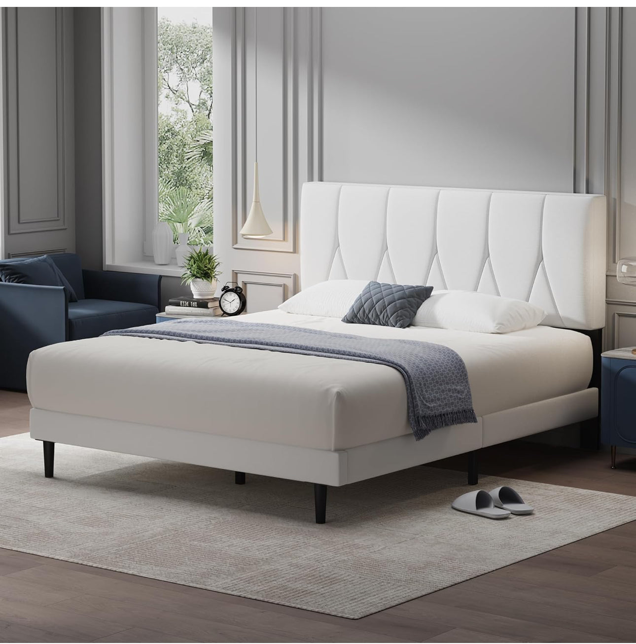 King Bed Frame, White, Upholstered Wooden Slat