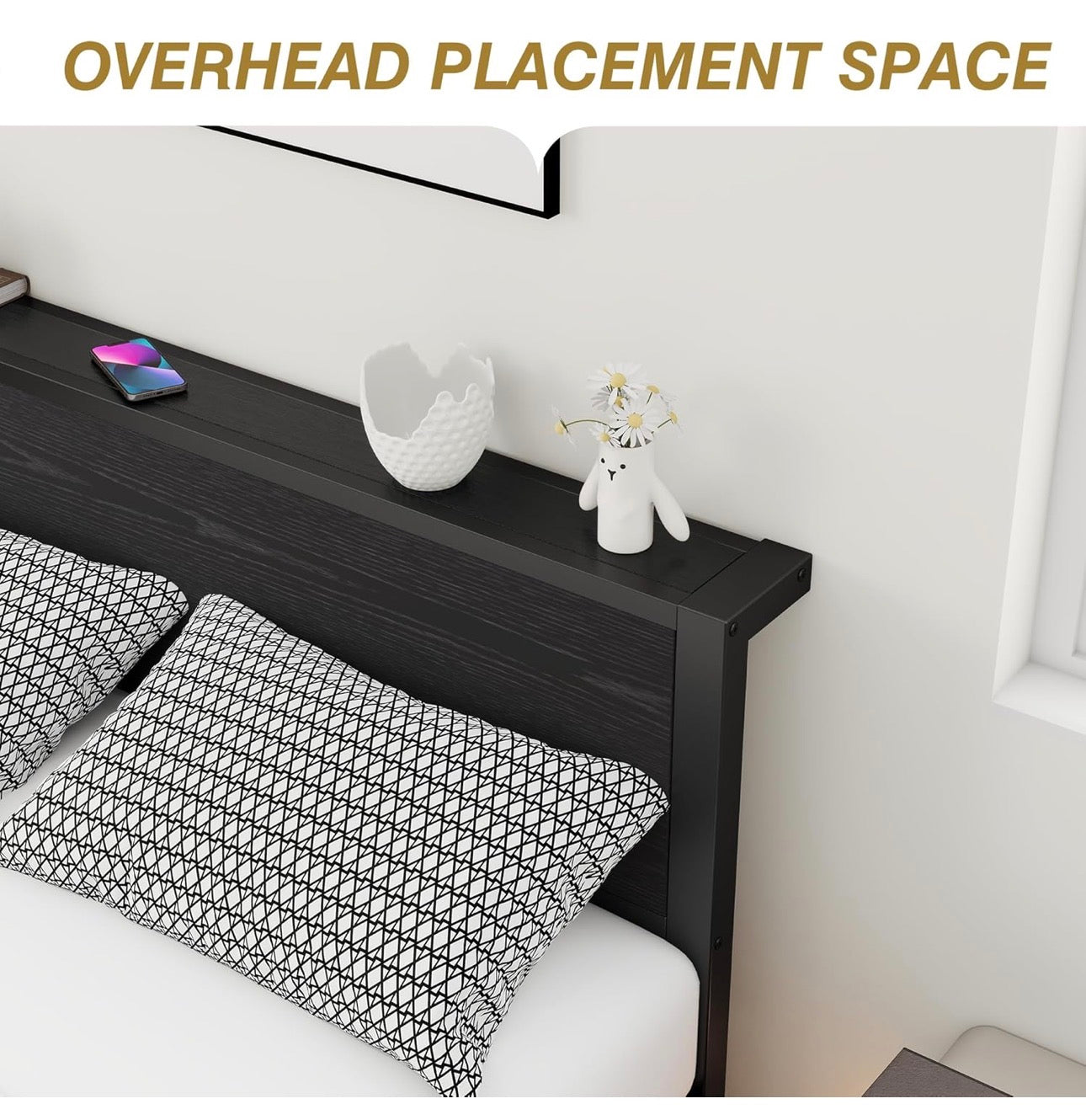 Double Bed Frame with Wooden Storage Shelf Headboard