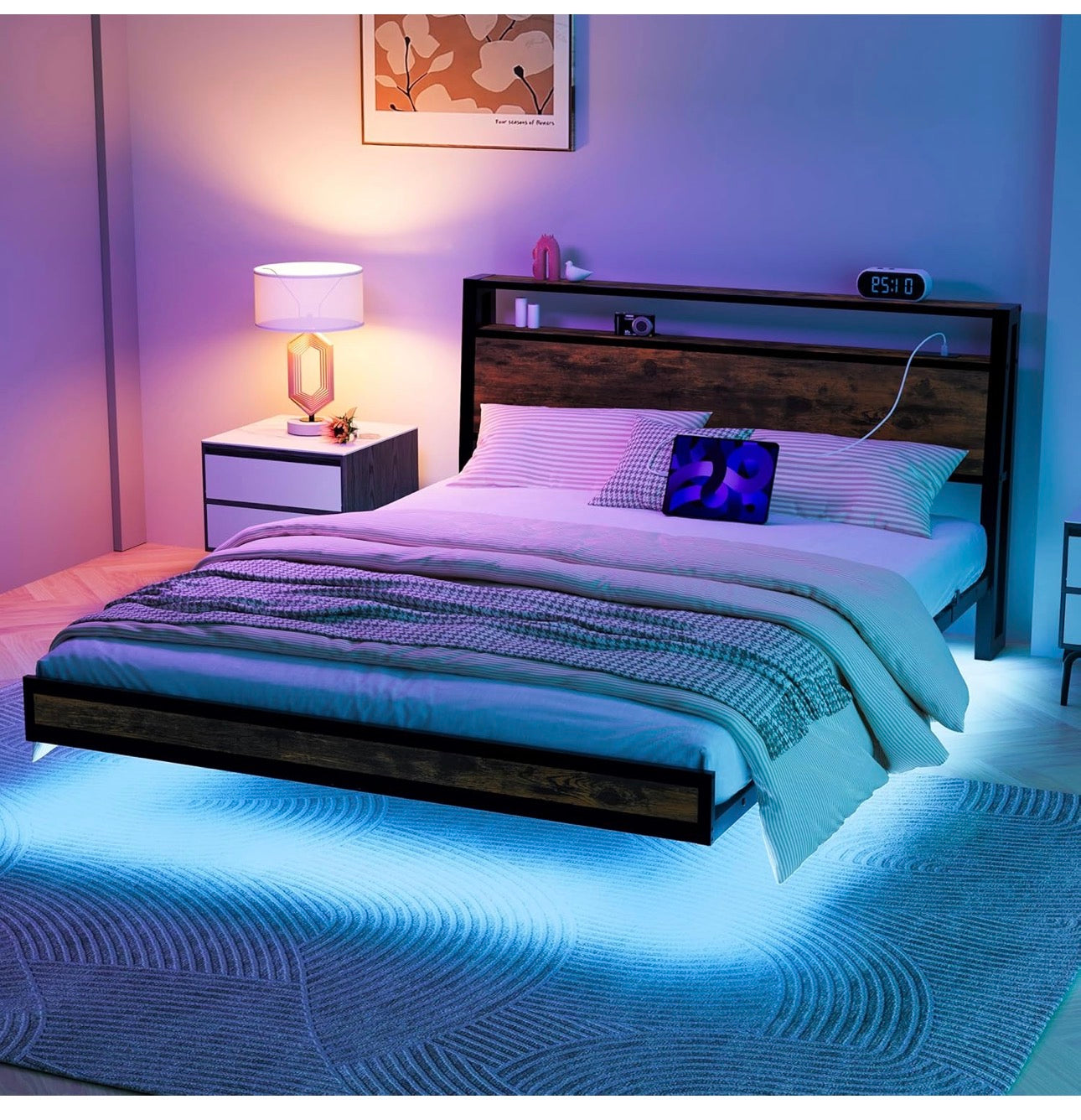 Floating Bed Frame King Size, Black | Charging Station, LED Lights, Wood Headboard with Storage Shelves, Heavy Duty Metal Slats, No Box Spring Needed