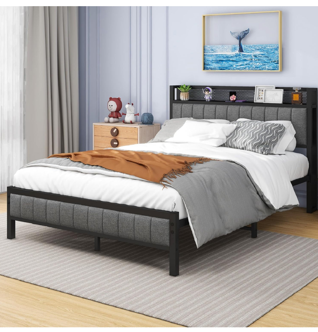 Double Bed Frame with Wooden Storage Headboard Shelf