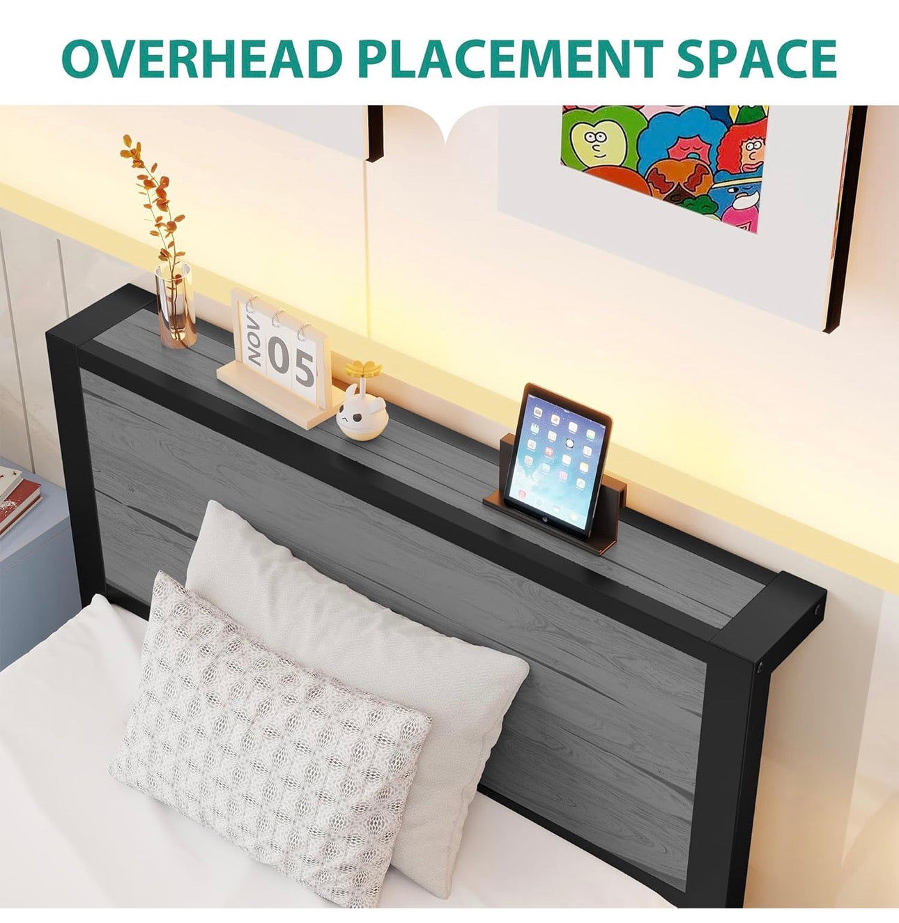 Wooden Single Bed Frame with Storage Headboard Shelf, 3FT Metal Bed Frame Single Bed Base
