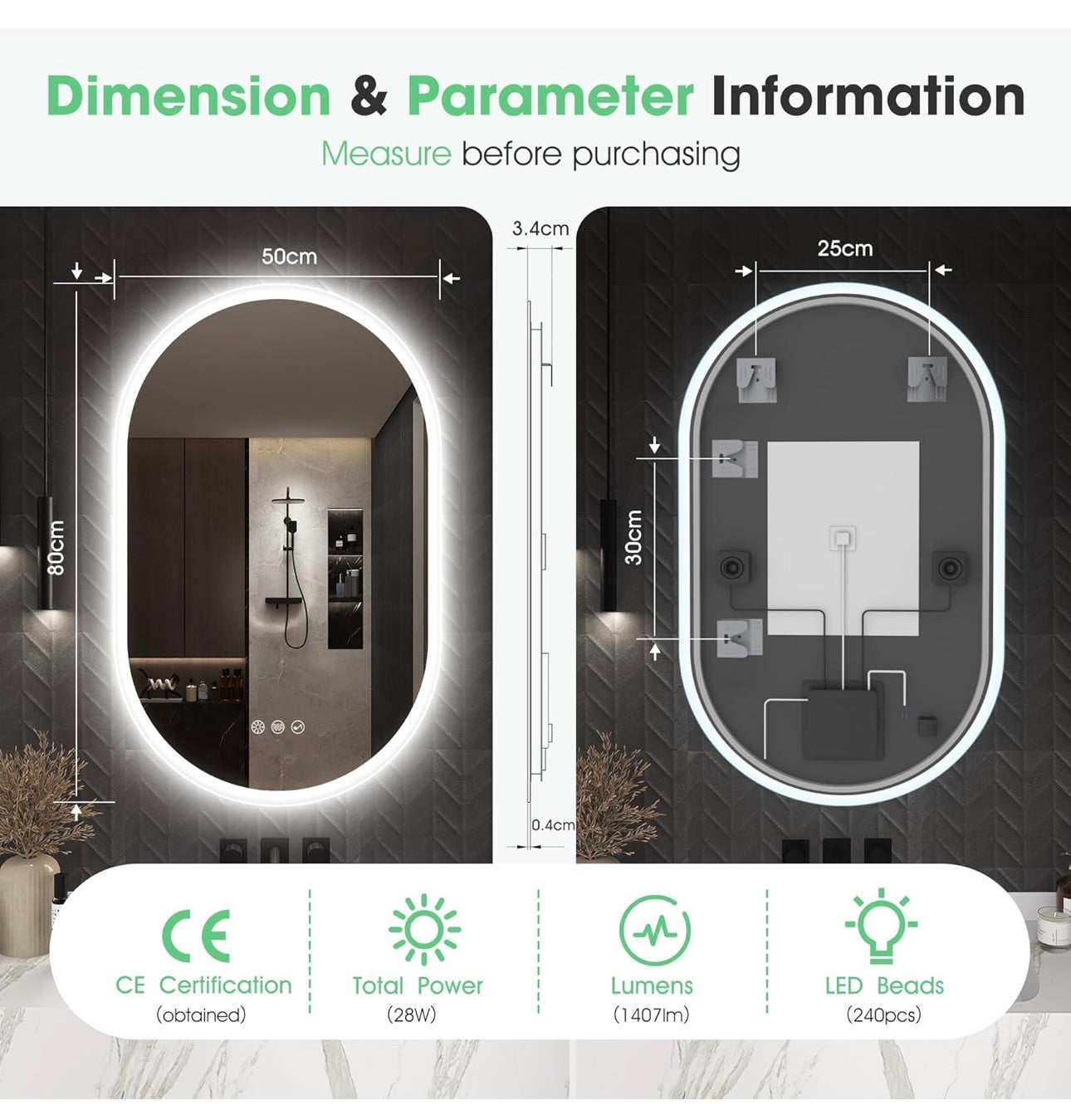 Oval Bluetooth Bathroom Mirror with LED Lights 500x800mm, Anti-Fog, LED Bathroom Mirror with Memory, 3000K-6500K, Dimmable, HD Tempered Glass, IP44 Waterproof, Horizontal or Vertical
