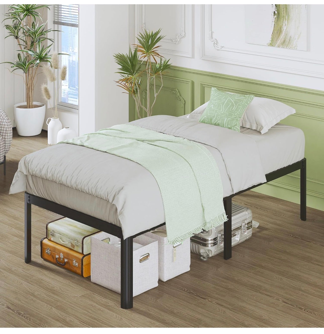 Teen 3ft High Single Bed Frames with Rounded Corner Legs, Heavy Duty White Metal Bed Frame Single with Steel Slats Support, Single Bed 46 cm High, Noise Free, Easy Assembly