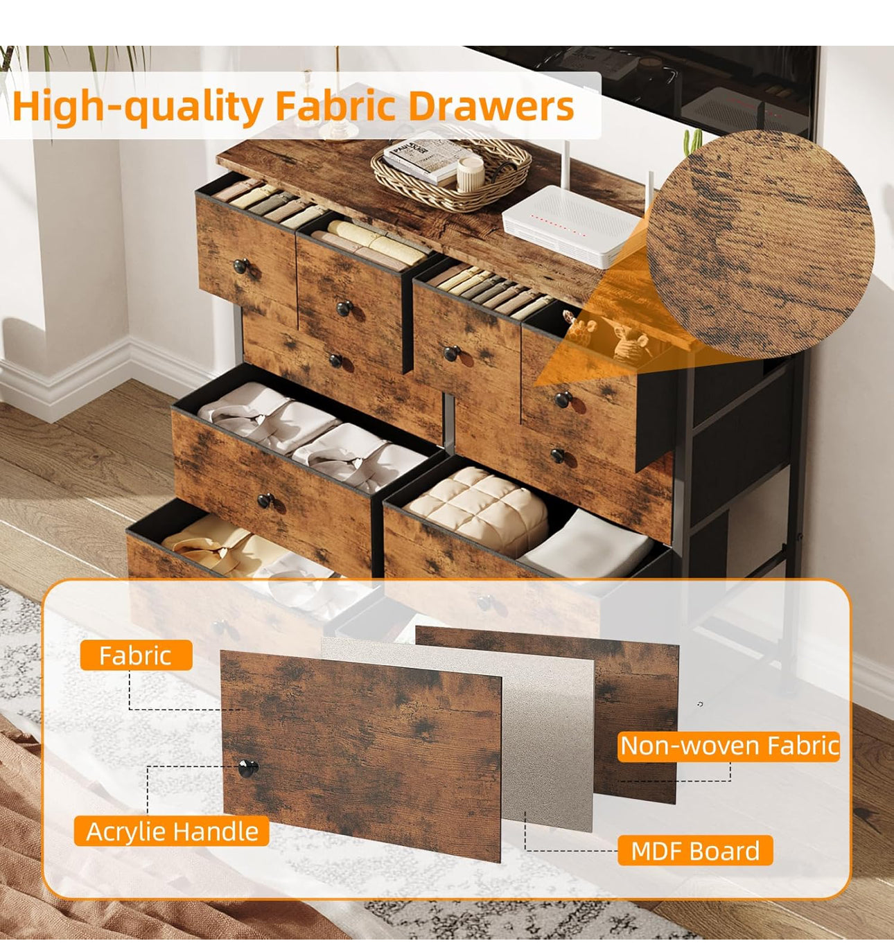 Chest of Drawers, Fabric Dresser for Bedroom with 10 Drawers