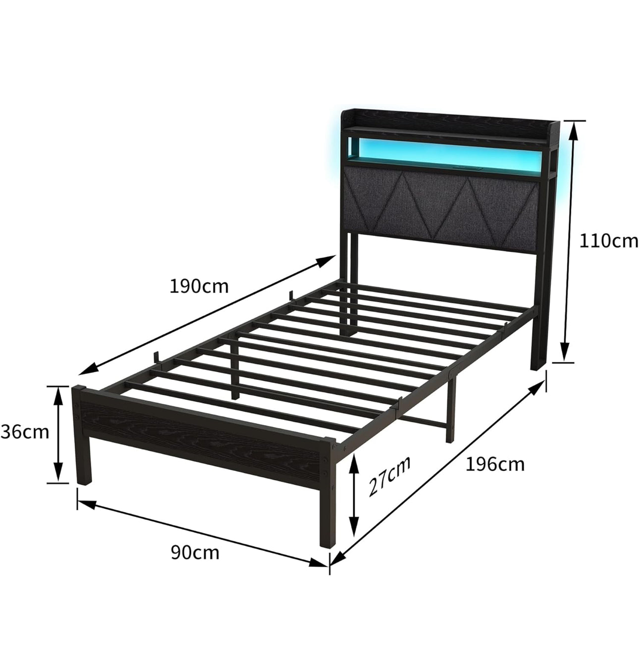 Single Bed Frames with 3ft Upholstered Wooden Two shelf Storage Headboard, Charging Station,LED Lights