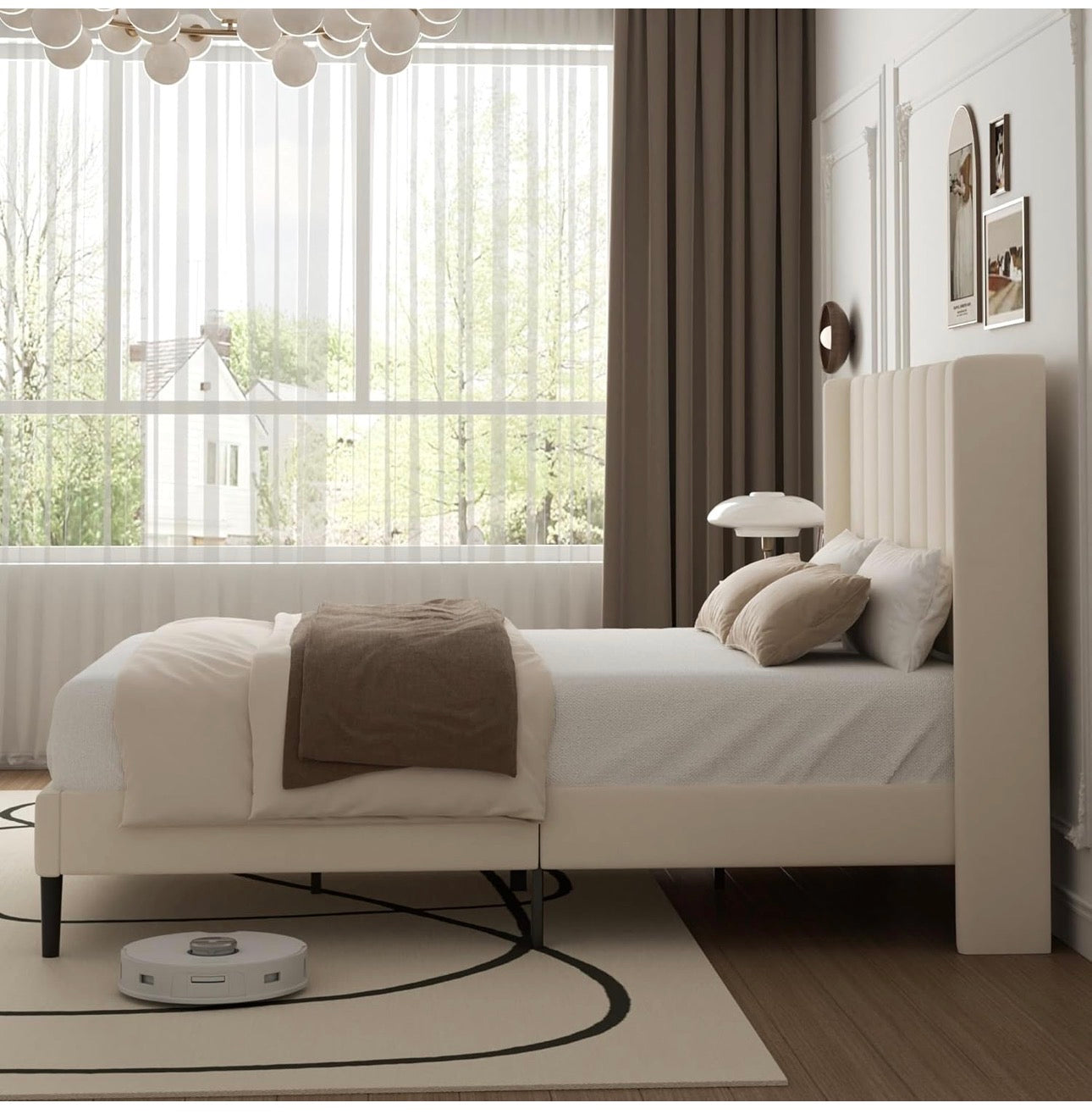 Double Bed Frame with Headboard, Vertical Channel Tufted