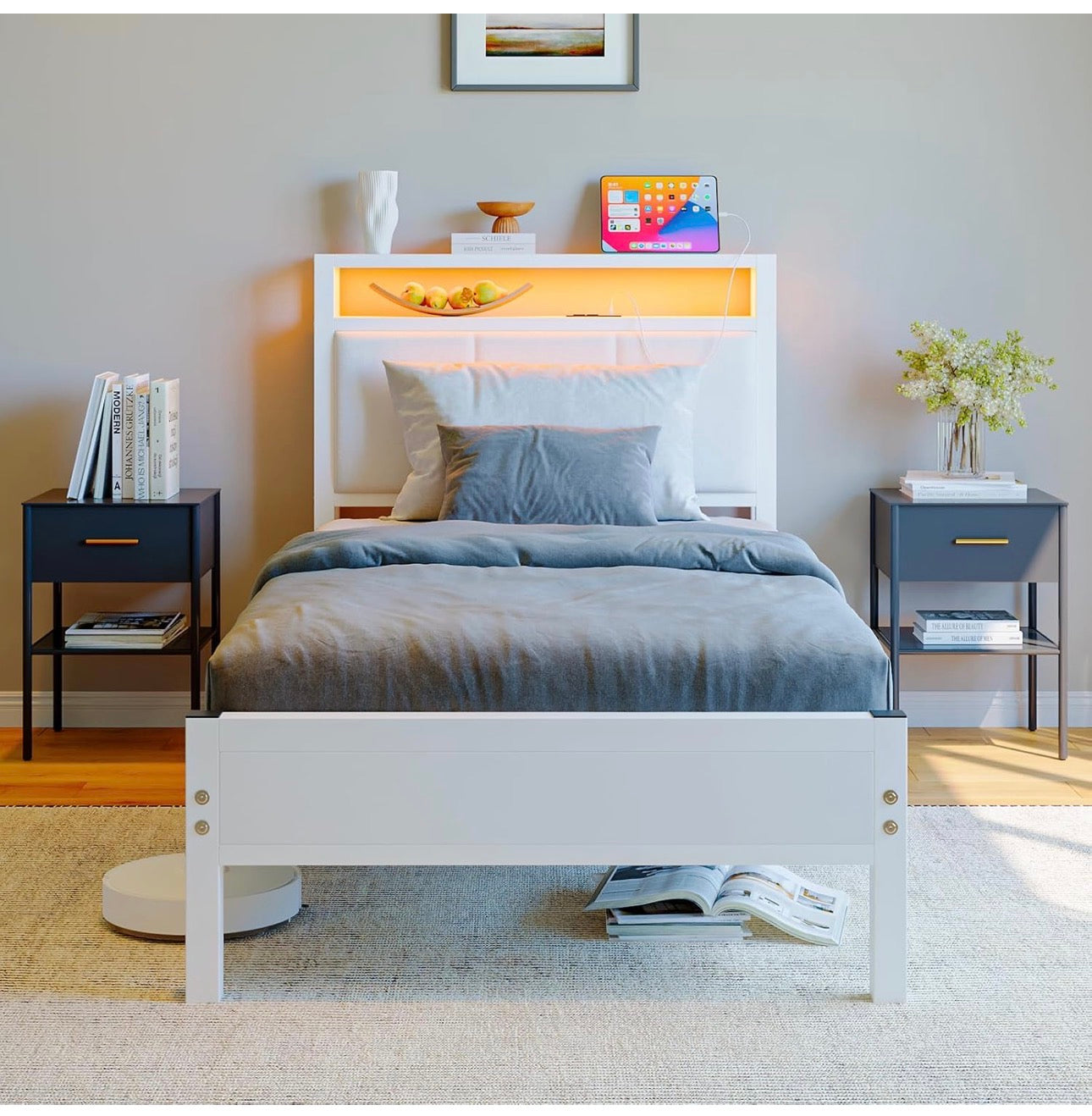 3FT Single Bed Frame with LED Lights and Charging