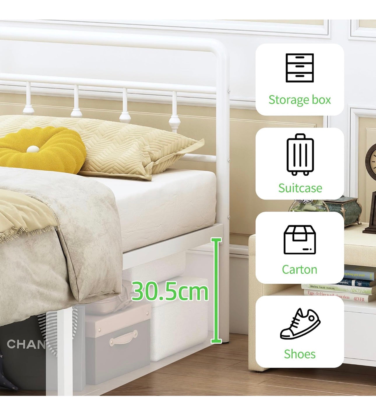 4ft6 Double Bed Frame with Headboard and Footboard, Metal Double Bed Frame Under Bed Storage 36cm