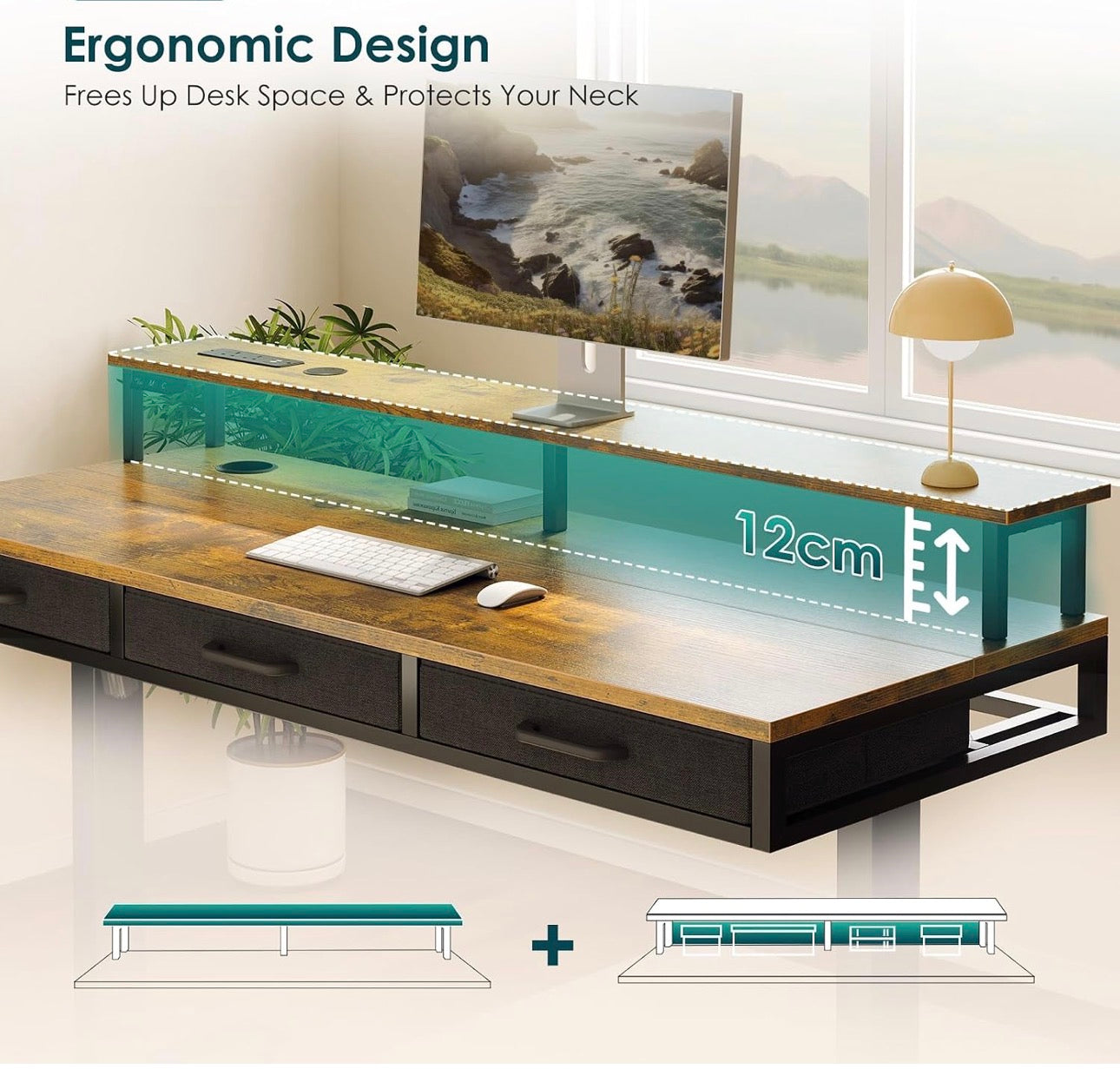 Standing Desk with 3 Storage Drawers, 120cm Height Adjustable Desk
Electric Sit Stand Table with Monitor Stand, LED Lights, Power Outlet, Space Saving for Small Home Office Living Room, Brown