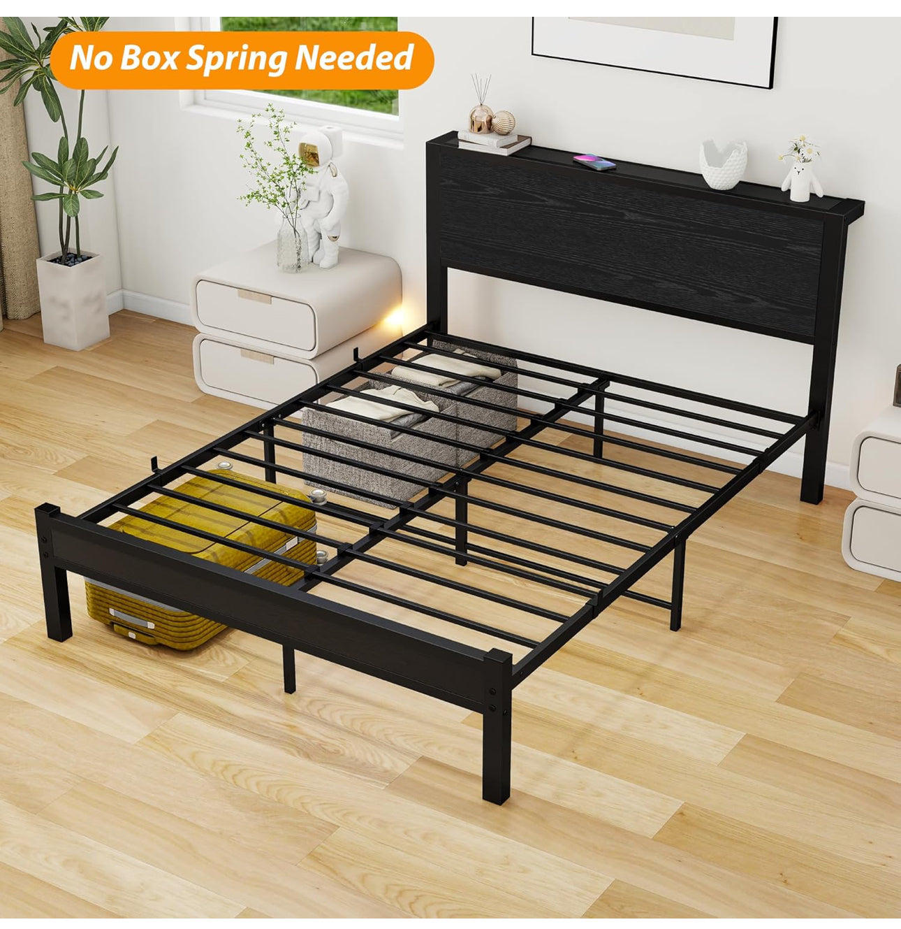 Double Bed Frame with Wooden Storage Shelf Headboard