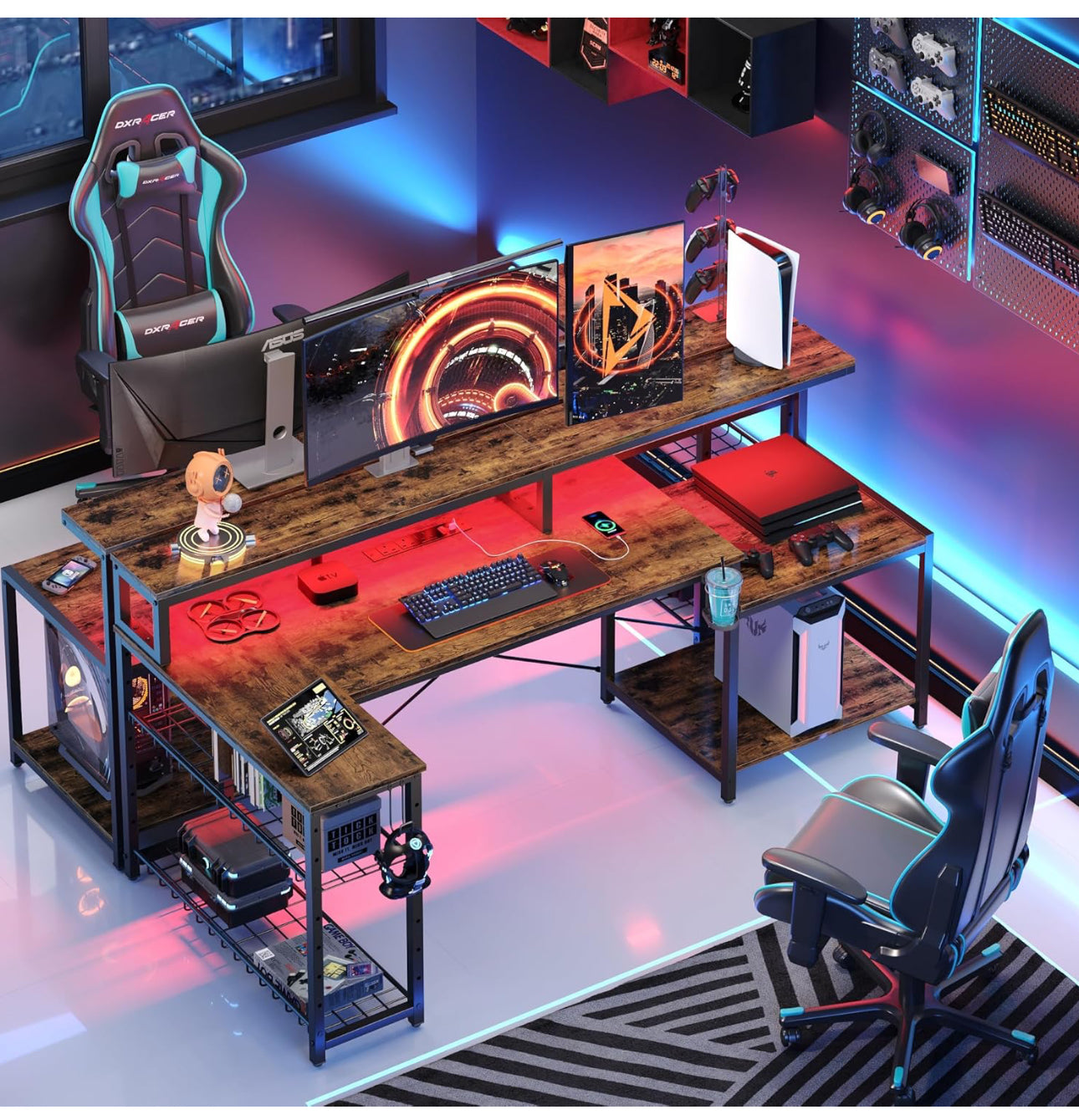 181CM L Shaped Corner Desk with Power Outlets LED Lights Gaming Desk