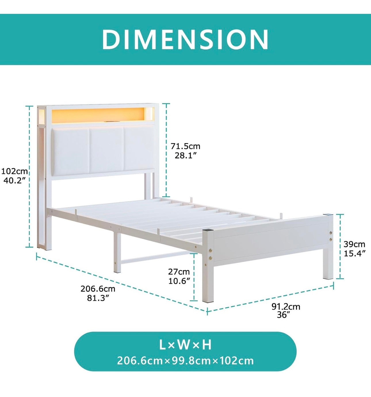 3FT Single Bed Frame with LED Lights and Charging