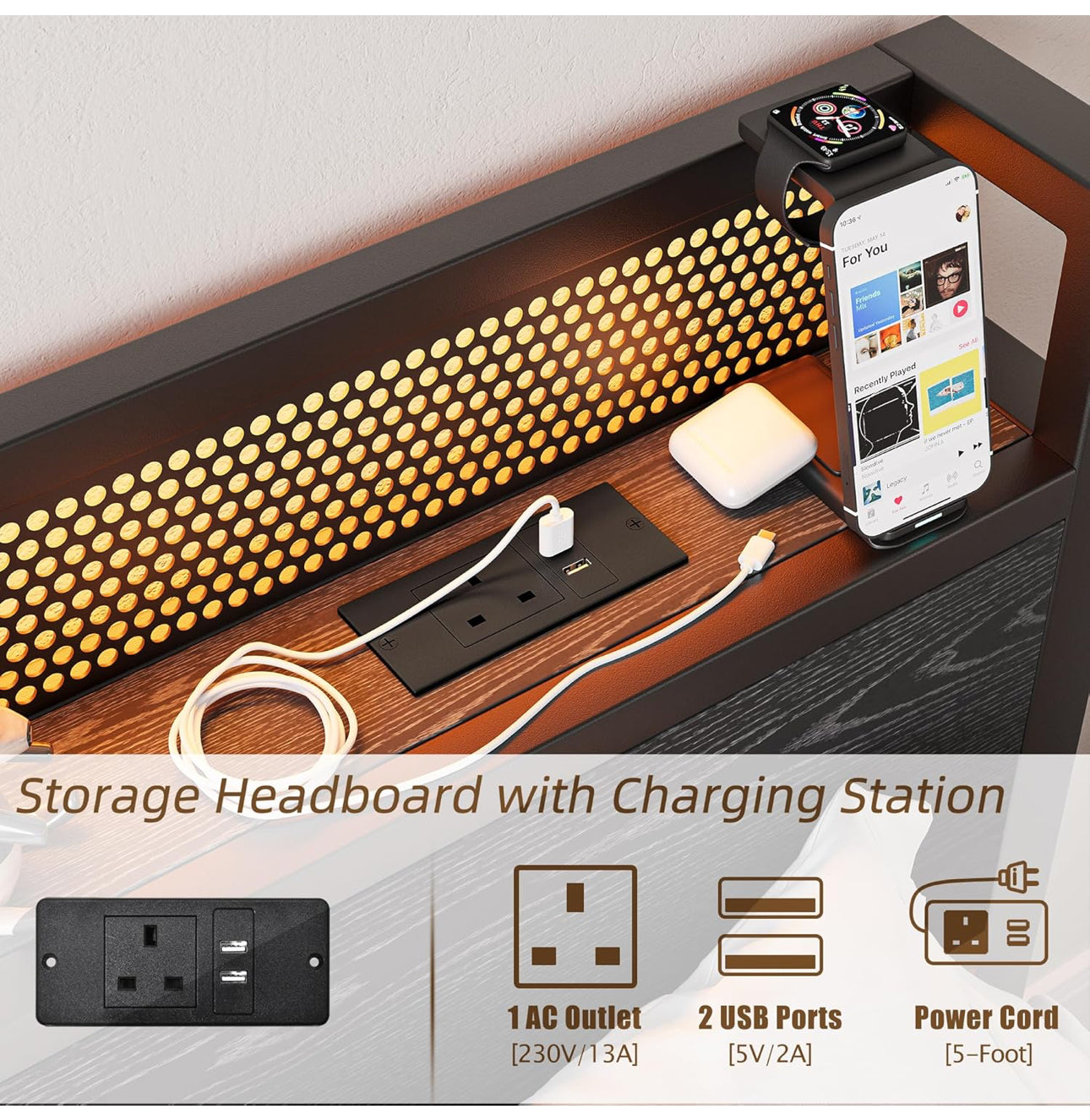 Single Bed Frame with Storage Headboard Shelf,LED Lights,3ft Metal Bed Frame Single Bed with Charging Station