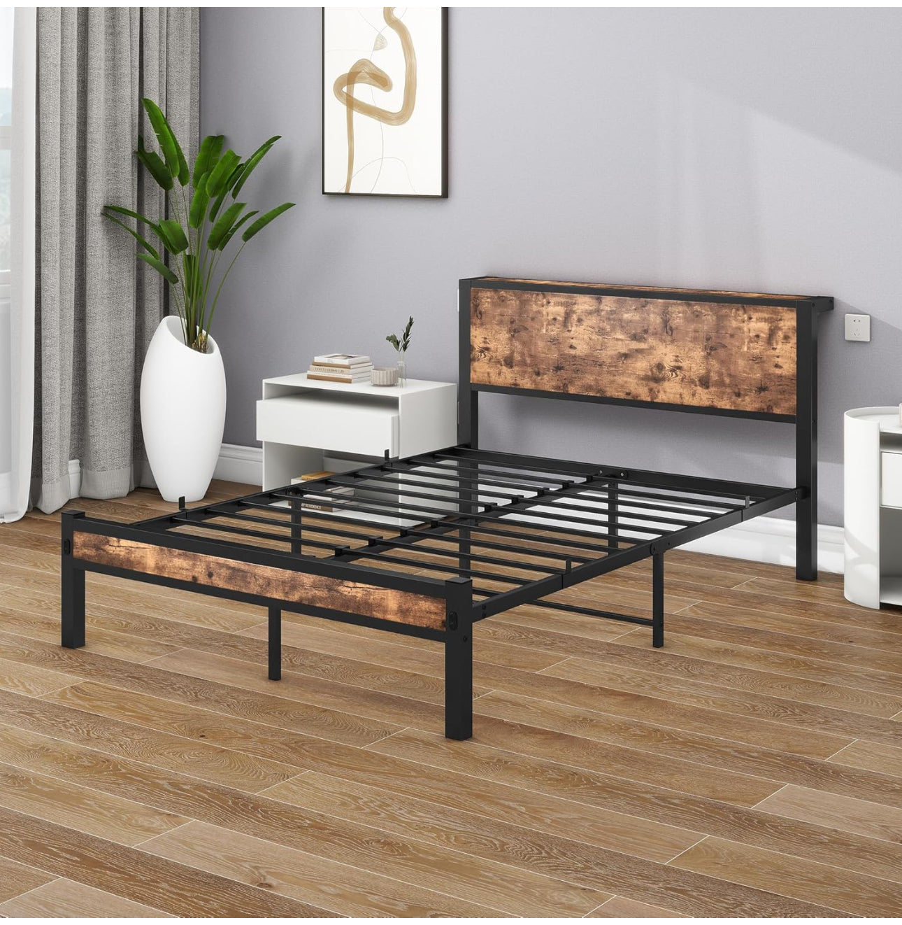Double Bed Frame with Wooden Storage Shelf Headboard