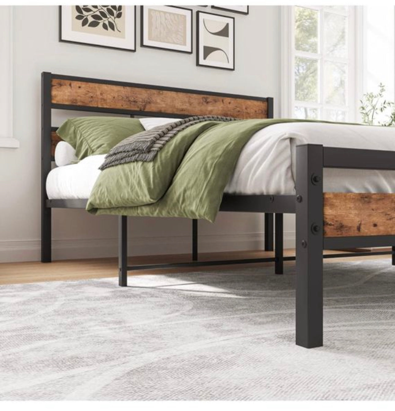 Double Bed Frame with Wood Headboard